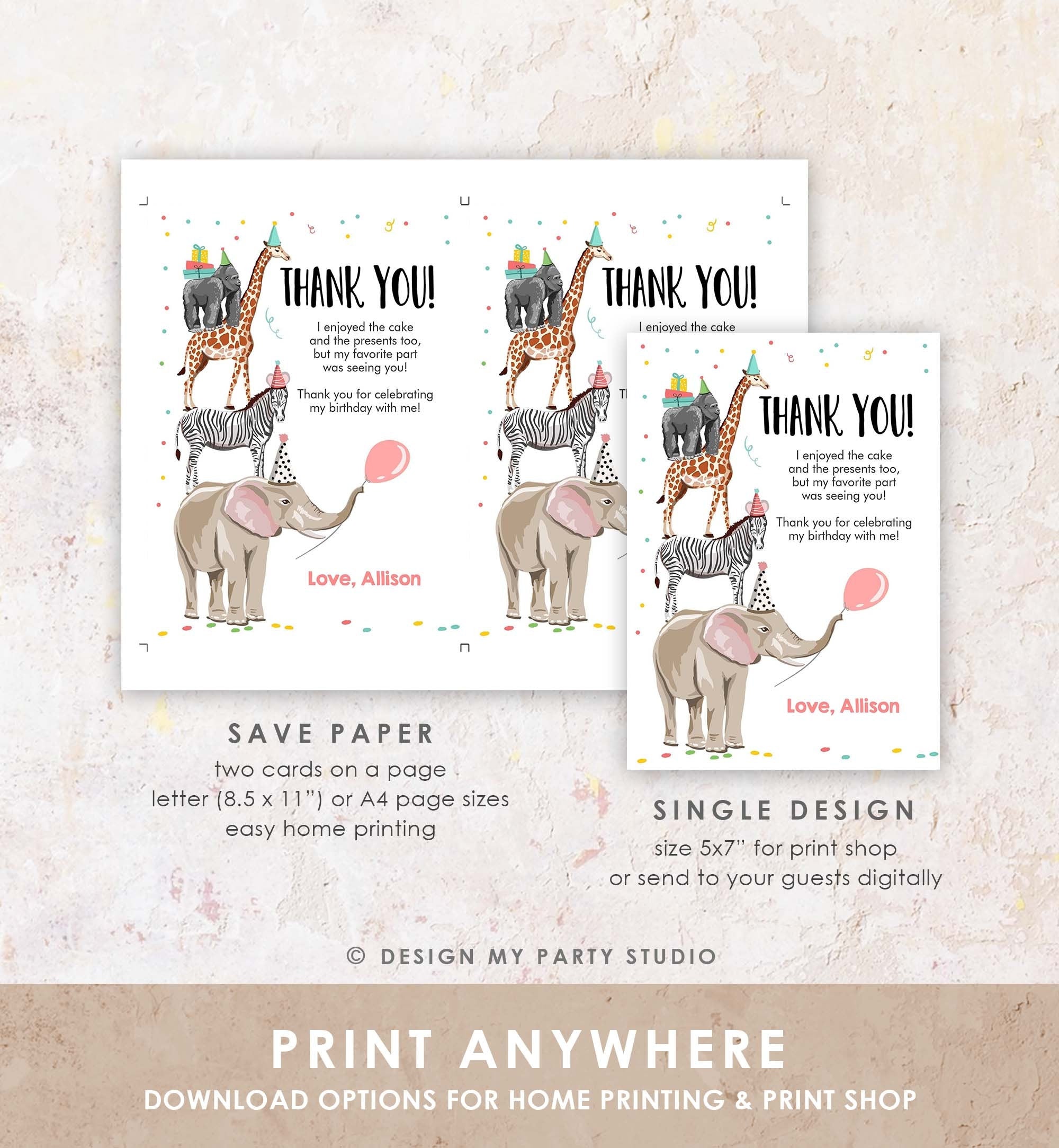 Editable Thank You Card Party Animals Thank you Note Wild Safari Animals Girl Jungle Zoo Download Printable Template Digital Corjl 0142