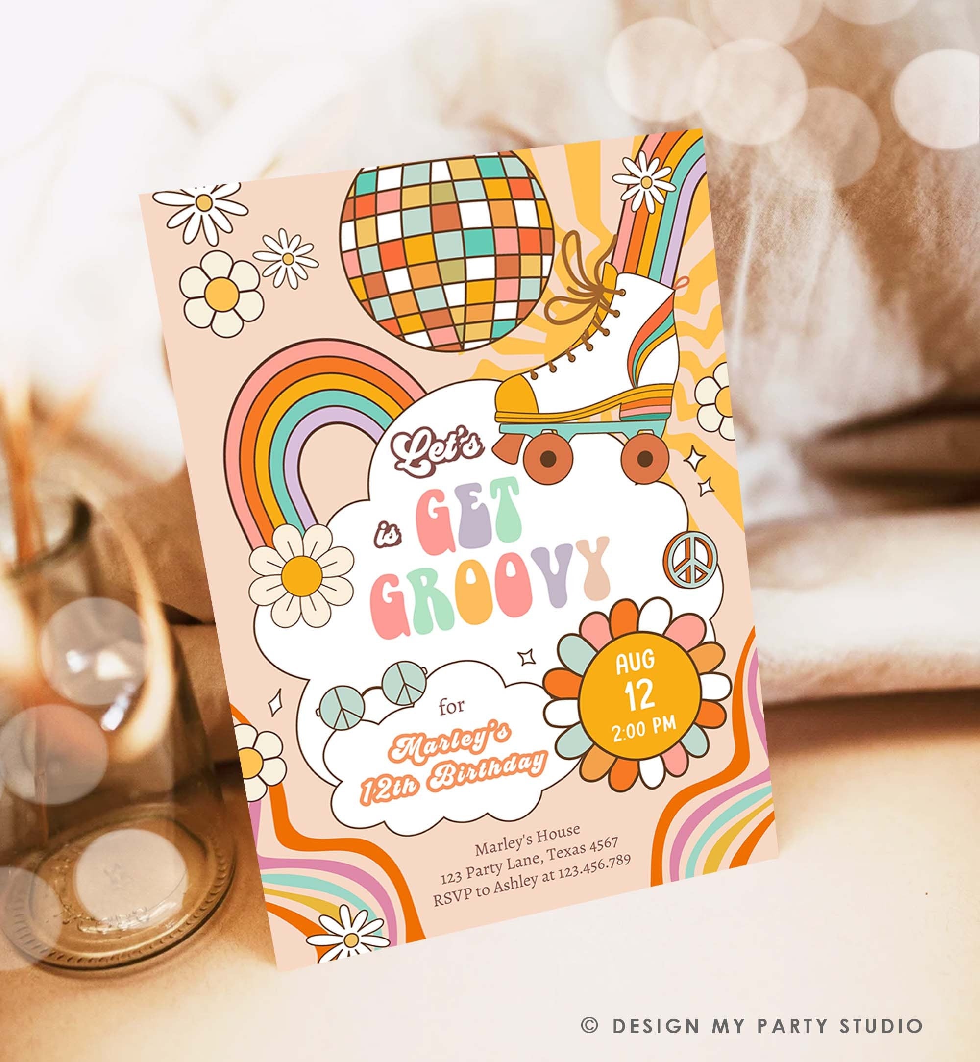 Editable Get Groovy Retro Roller Skate Birthday Party Invitation Let's Roll Skating Rainbow 70's Digital Download Template Printable 0459