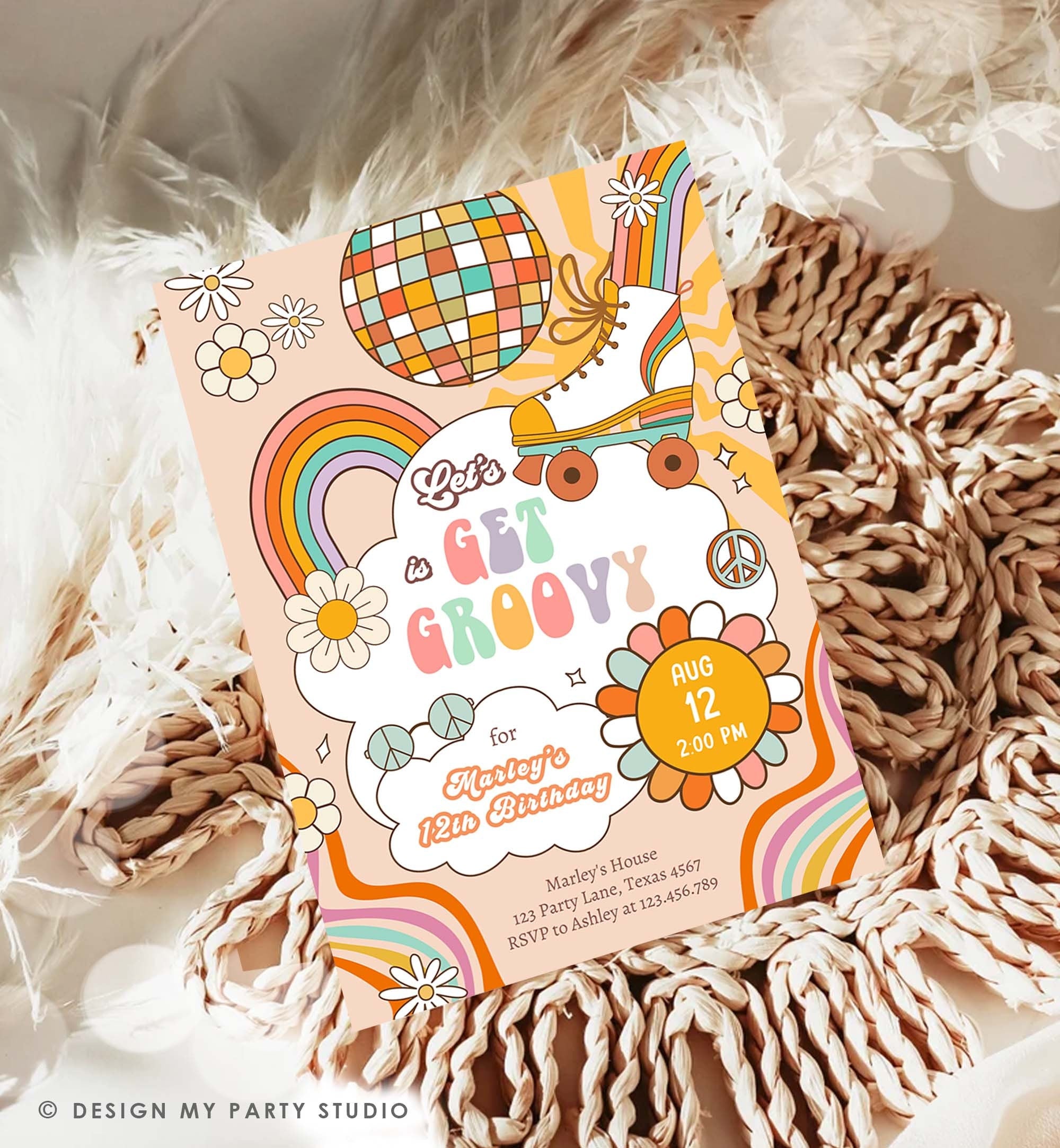 Editable Get Groovy Retro Roller Skate Birthday Party Invitation Let's Roll Skating Rainbow 70's Digital Download Template Printable 0459