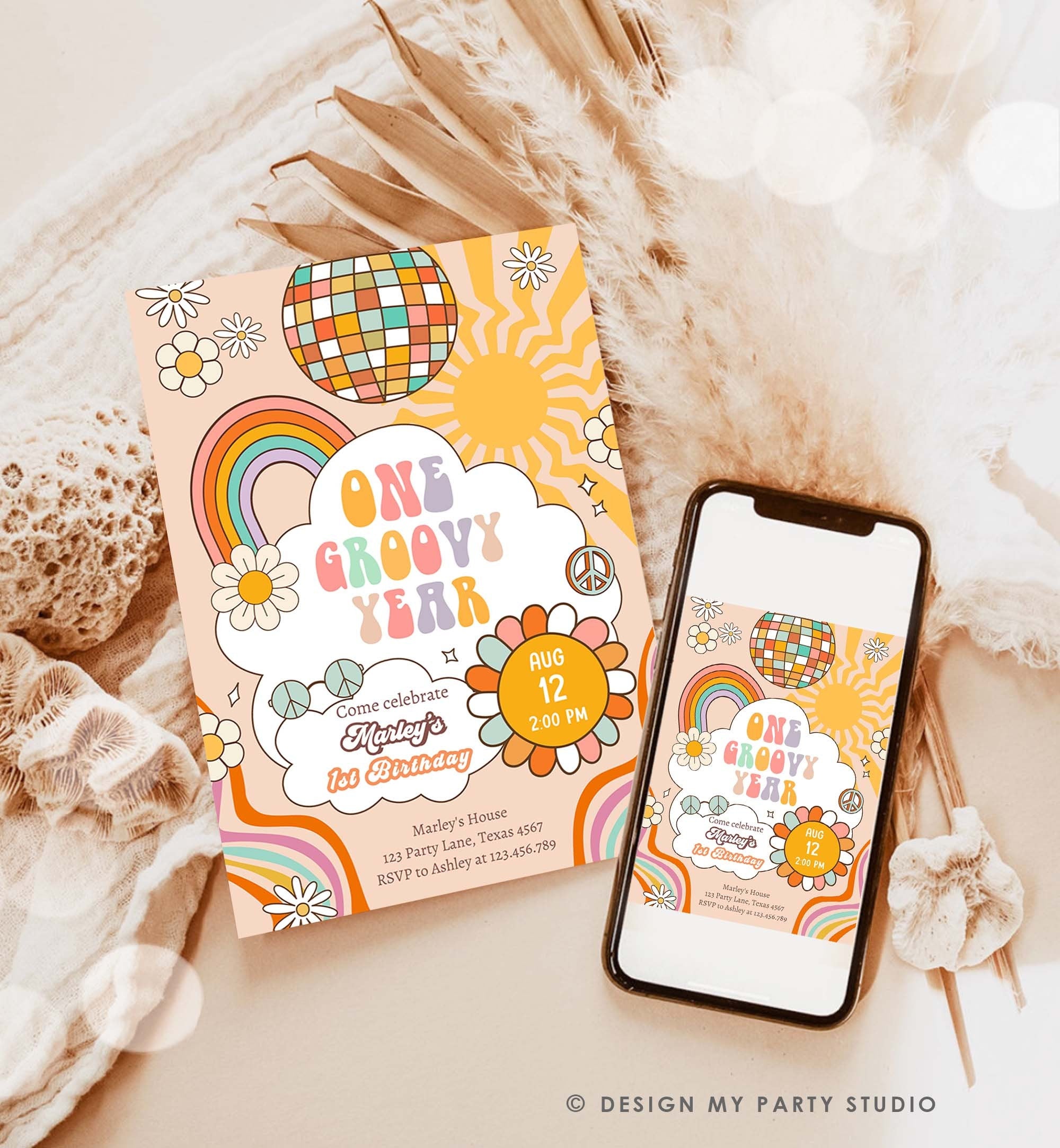 Editable Groovy One Retro 1st Birthday Invitation First Birthday One Groovy Year Invite Peace Love Download Template Corjl Digital 0459