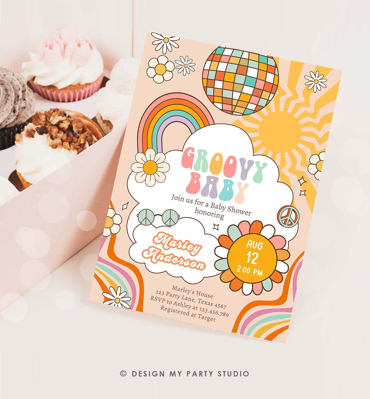 Editable Groovy Baby Retro Baby Shower Invitation Boho Flower Power Hippie 70&#39;s Party Peace Love Download Template Corjl Digital 0459