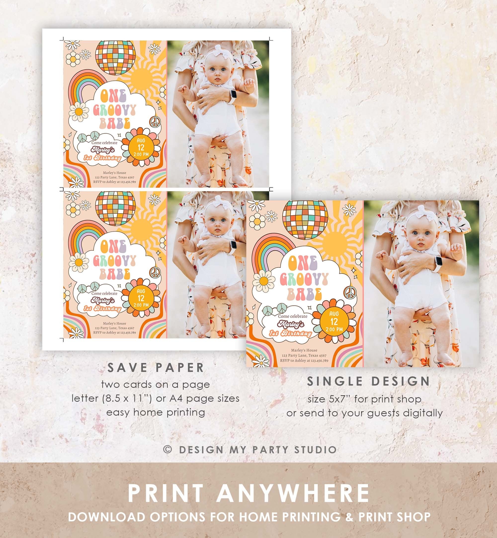 Editable Groovy One Retro 1st Birthday Invitation First Birthday One Groovy Babe Invite Peace Love Download Template Corjl Digital 0459