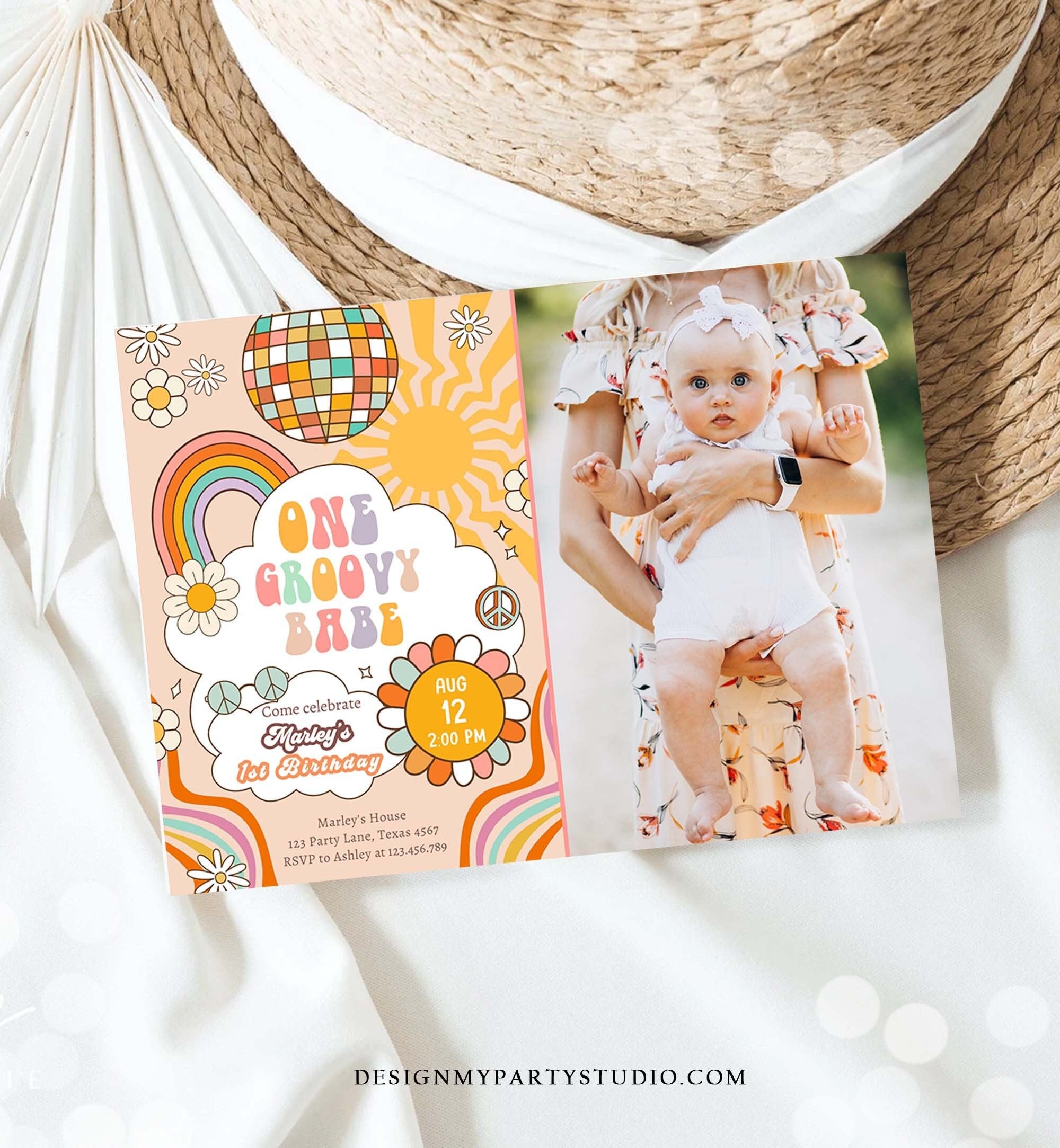 Editable Groovy One Retro 1st Birthday Invitation First Birthday One Groovy Babe Invite Peace Love Download Template Corjl Digital 0459