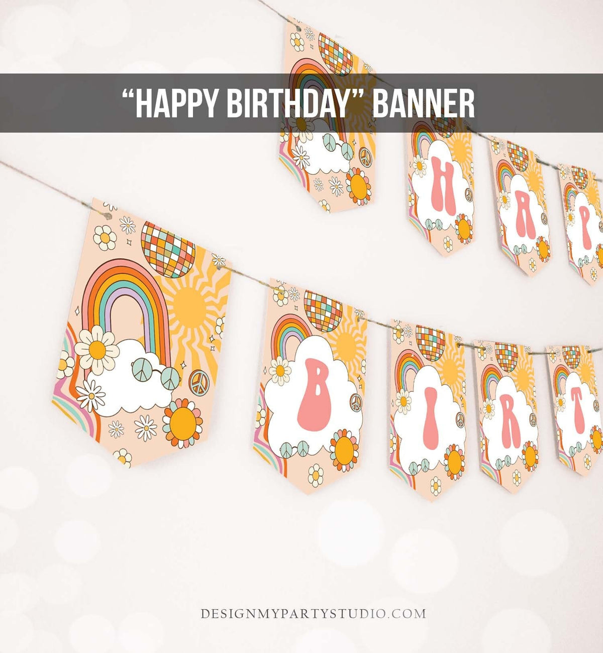 Happy Birthday Banner Daisy Birthday Banner Girl Groovy Birthday Party Decor Boho Retro Floral 70&#39;s Hippie Download PRINTABLE DIGITAL 0459