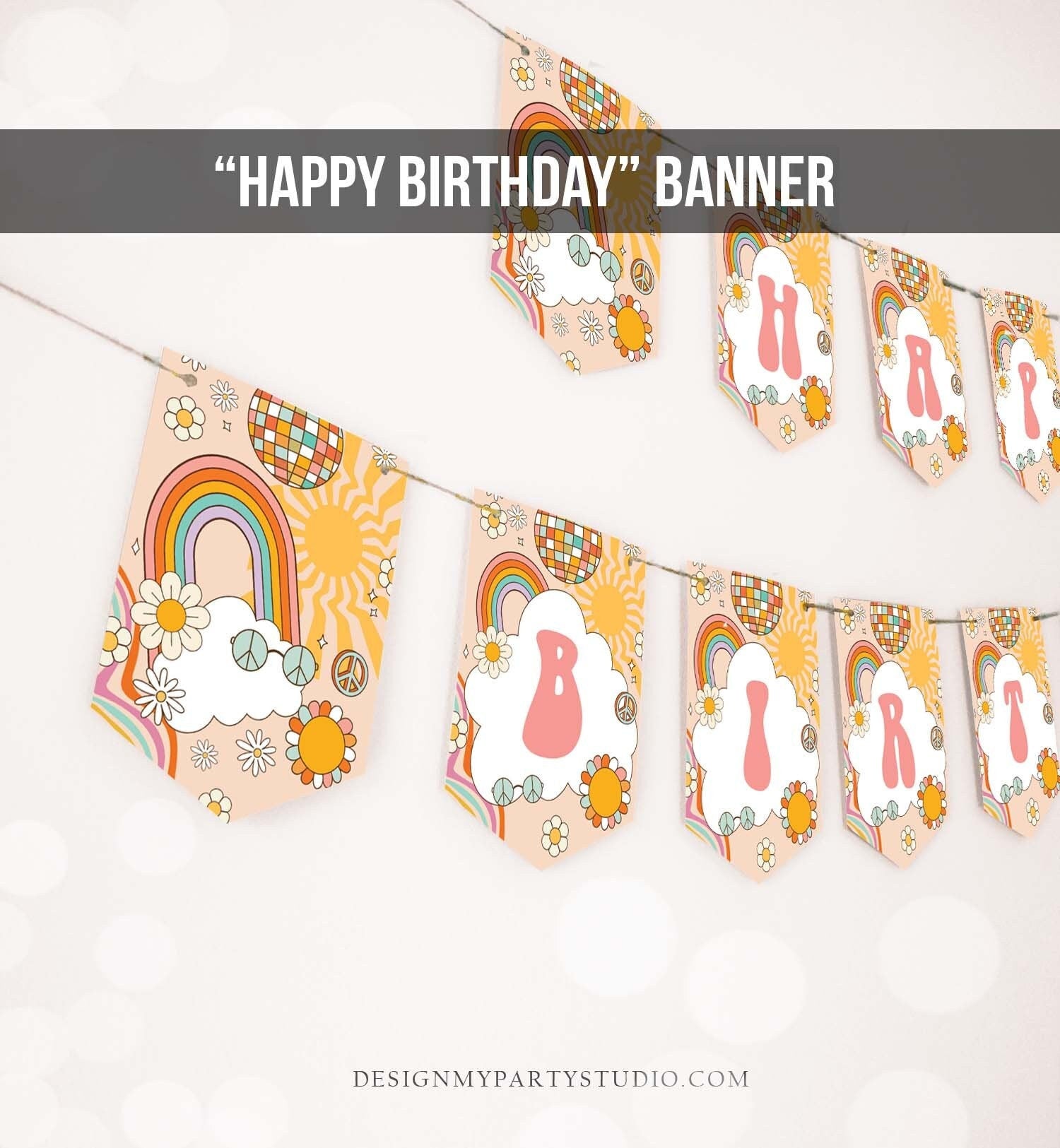 Happy Birthday Banner Daisy Birthday Banner Girl Groovy Birthday Party Decor Boho Retro Floral 70's Hippie Download PRINTABLE DIGITAL 0459