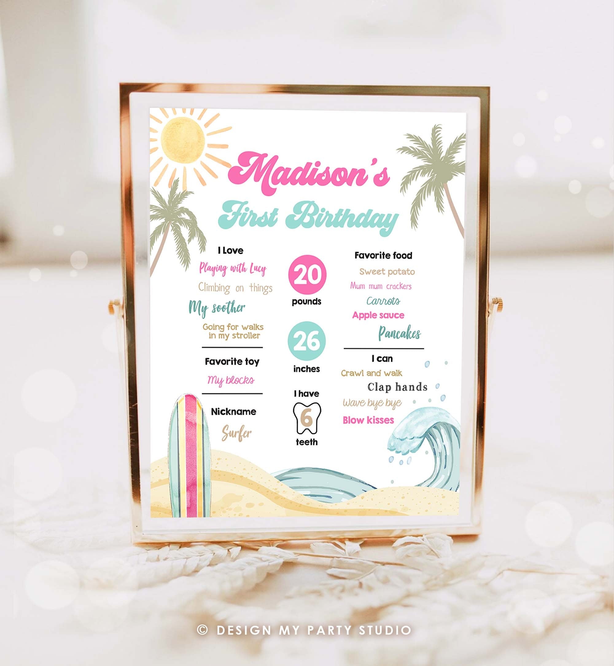 Editable Surf Birthday Milestones Sign Girl Big One Summer Party Surfing Board Groovy Retro Beach 1st Party Template Printable Corjl 0433