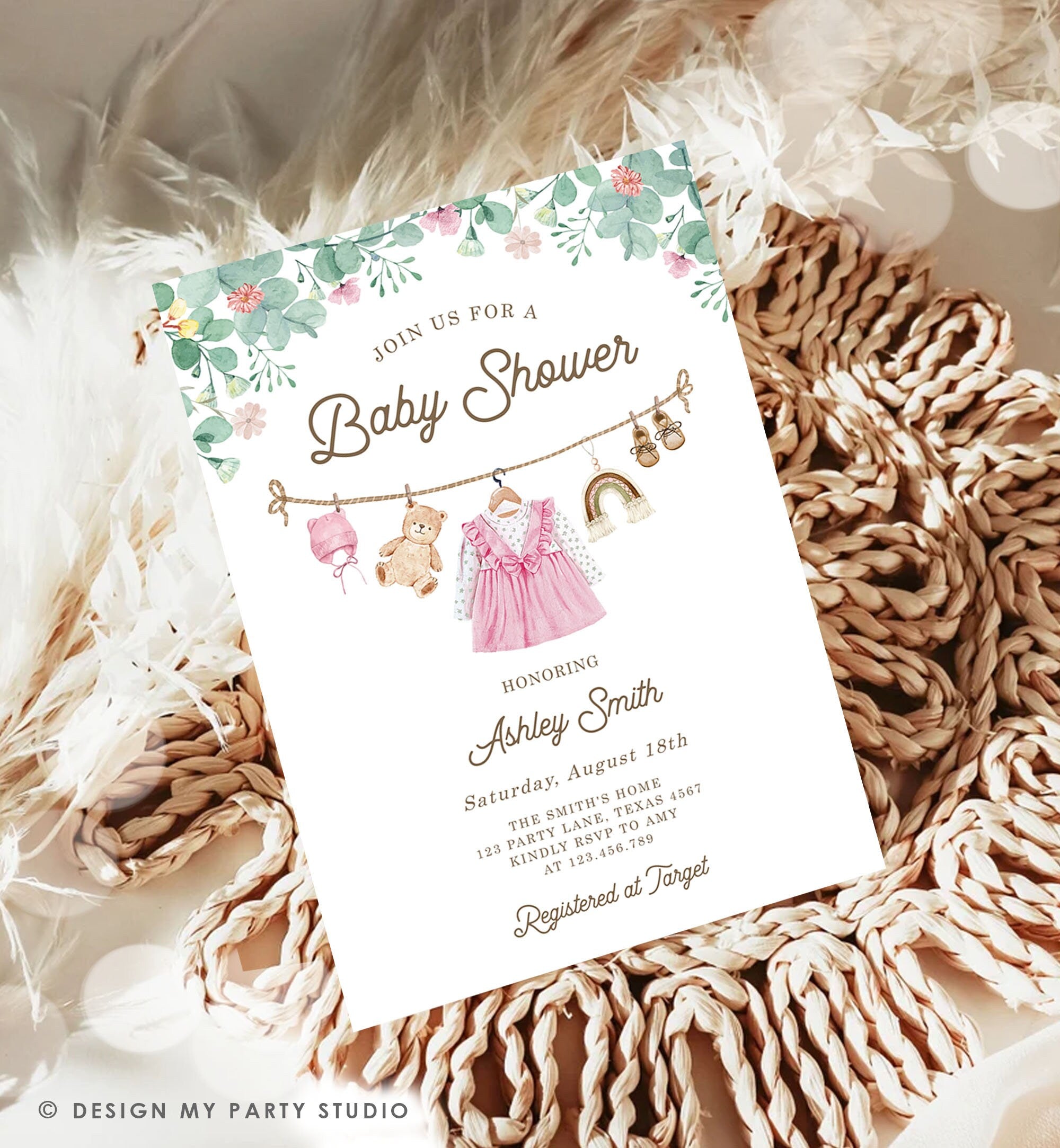 Editable Baby Clothes Baby Shower Invitation Girl Watercolor Clothesline Boho Bohemian Eucalyptus Floral Pink Evite Template Printable 0508