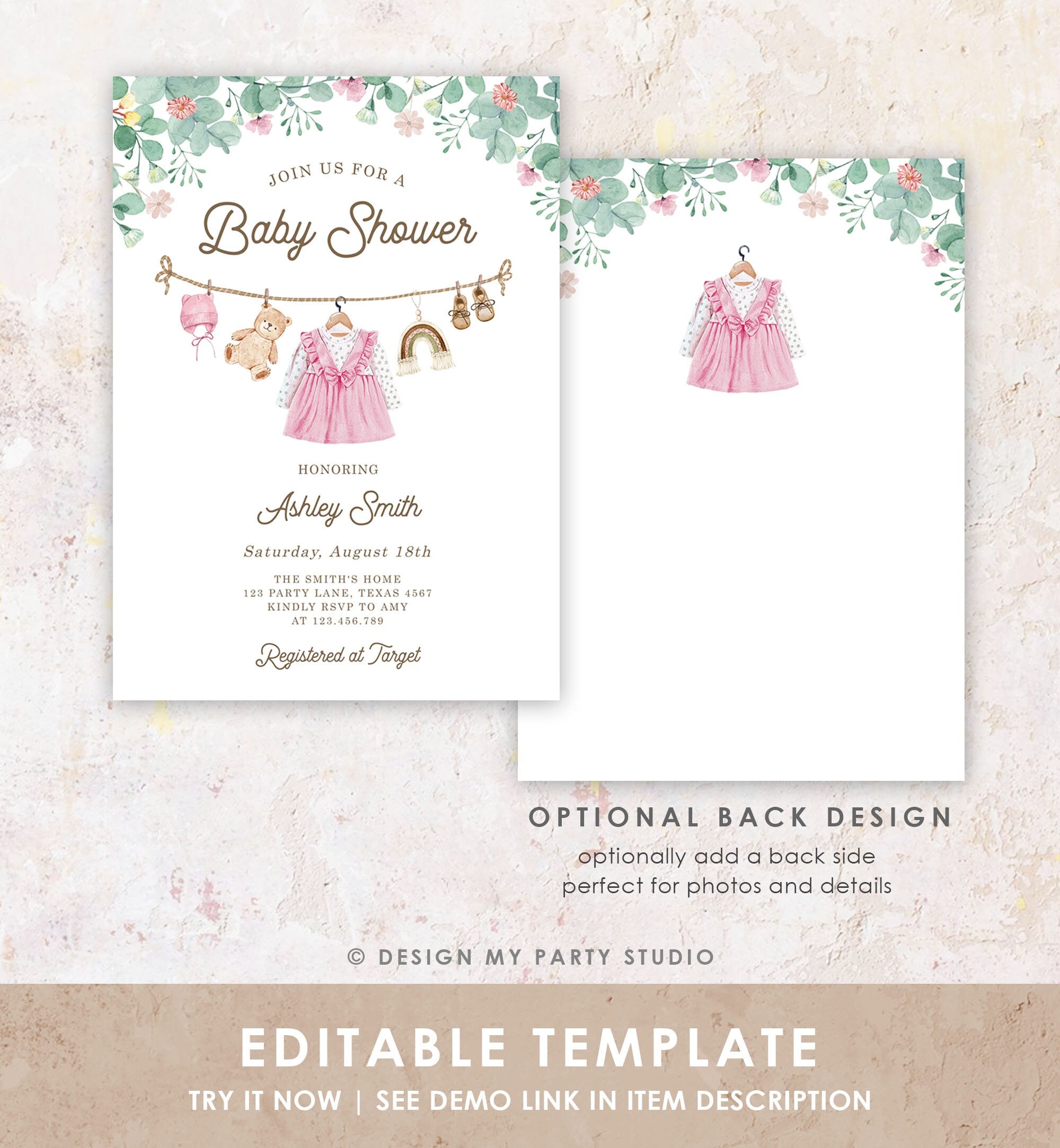 Editable Baby Clothes Baby Shower Invitation Girl Watercolor Clothesline Boho Bohemian Eucalyptus Floral Pink Evite Template Printable 0508