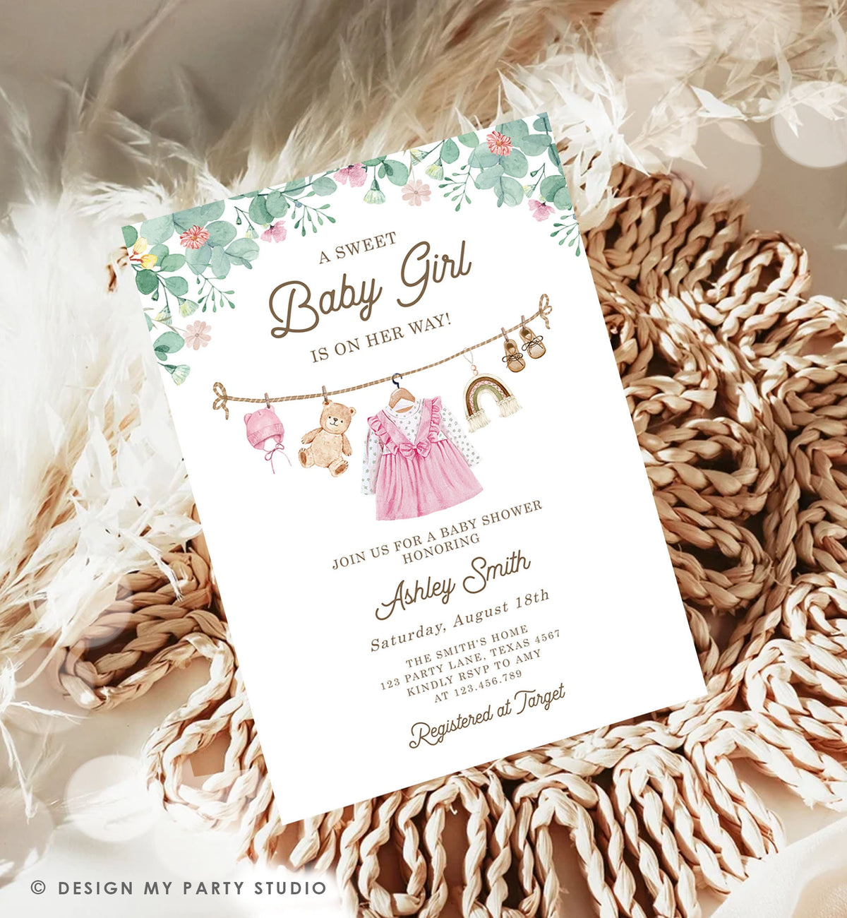 Editable Baby Clothes Baby Shower Invitation Watercolor Girl Boho Clothesline Laundry Eucalyptus Floral Pink Evite Template Printable 0508