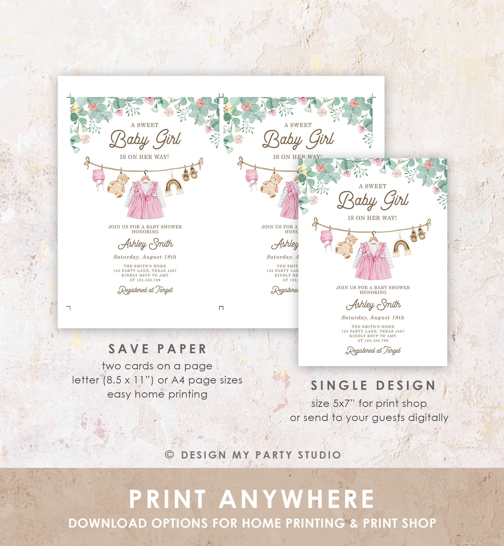 Editable Baby Clothes Baby Shower Invitation Watercolor Girl Boho Clothesline Laundry Eucalyptus Floral Pink Evite Template Printable 0508