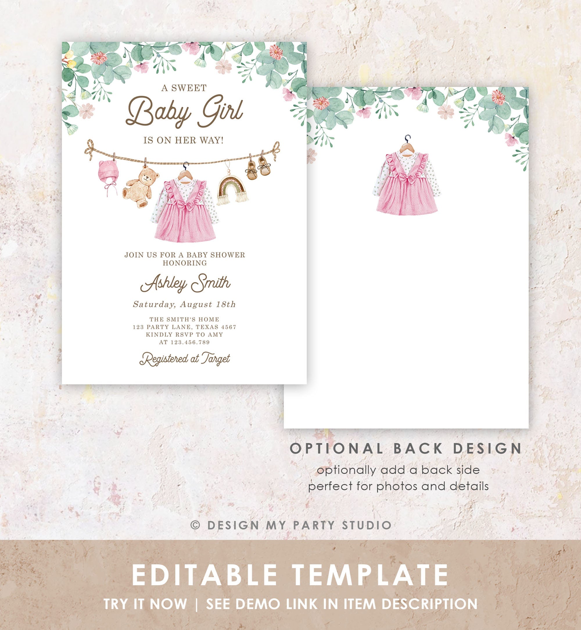 Editable Baby Clothes Baby Shower Invitation Watercolor Girl Boho Clothesline Laundry Eucalyptus Floral Pink Evite Template Printable 0508