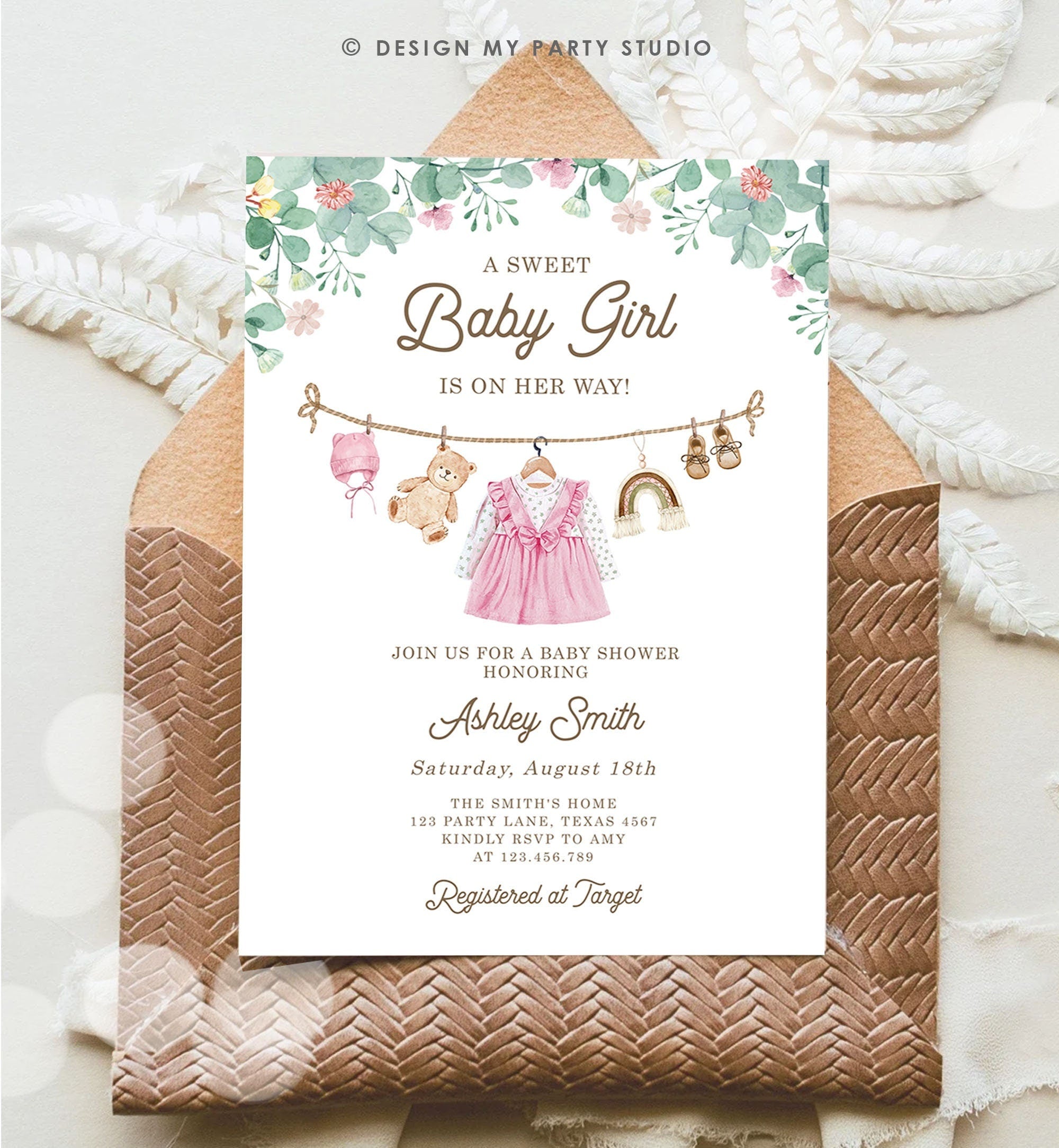 Editable Baby Clothes Baby Shower Invitation Watercolor Girl Boho Clothesline Laundry Eucalyptus Floral Pink Evite Template Printable 0508