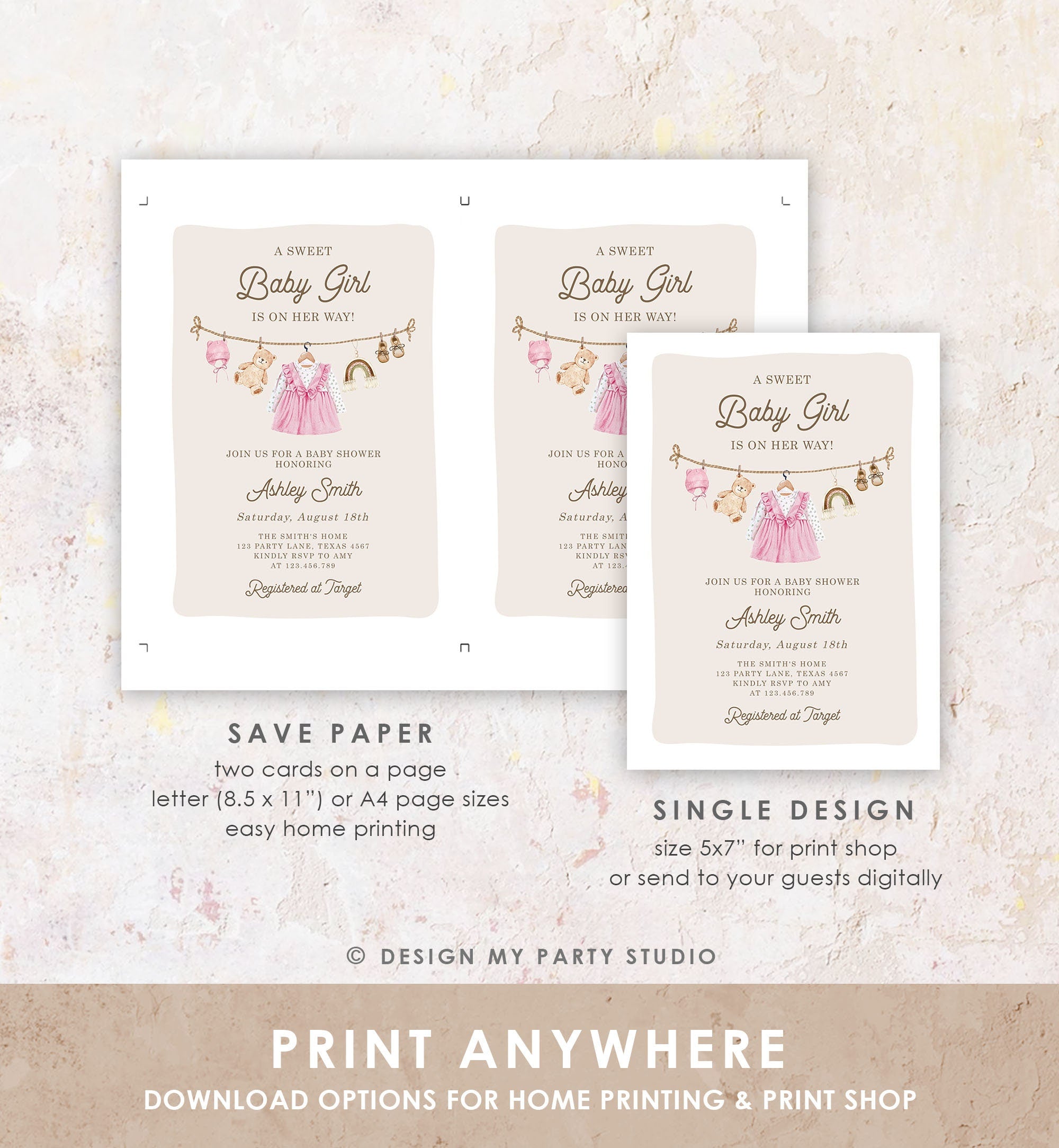 Editable Boho Girl Baby Shower Invitation Watercolor Baby Clothes Clothesline Laundry Eucalyptus Floral Pink Template Download Corjl 0508