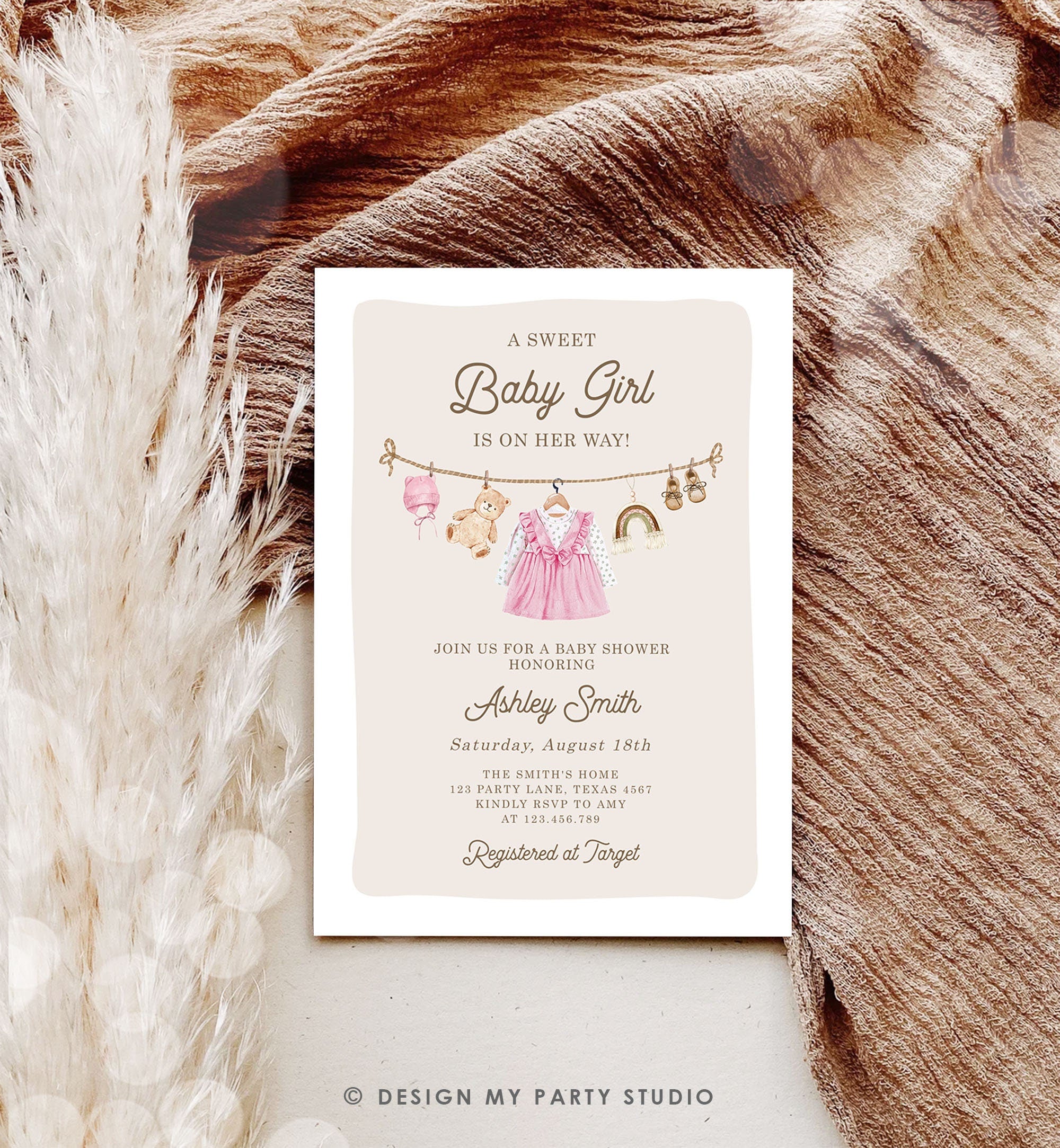 Editable Boho Girl Baby Shower Invitation Watercolor Baby Clothes Clothesline Laundry Eucalyptus Floral Pink Template Download Corjl 0508