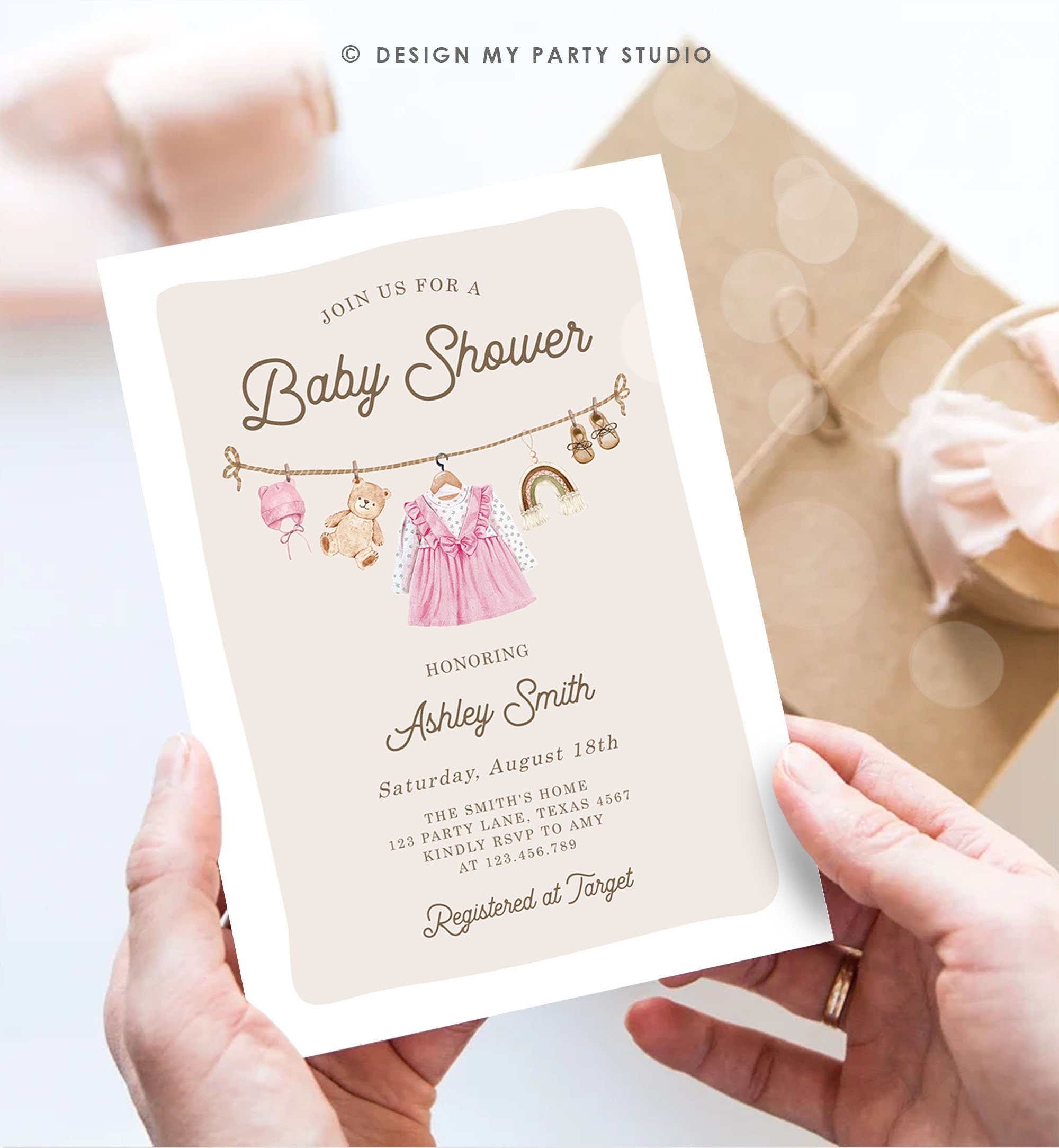 Editable Baby Clothes Baby Shower Invitation Watercolor Girl Clothesline Boho Bohemian Eucalyptus Floral Pink Evite Template Printable 0508