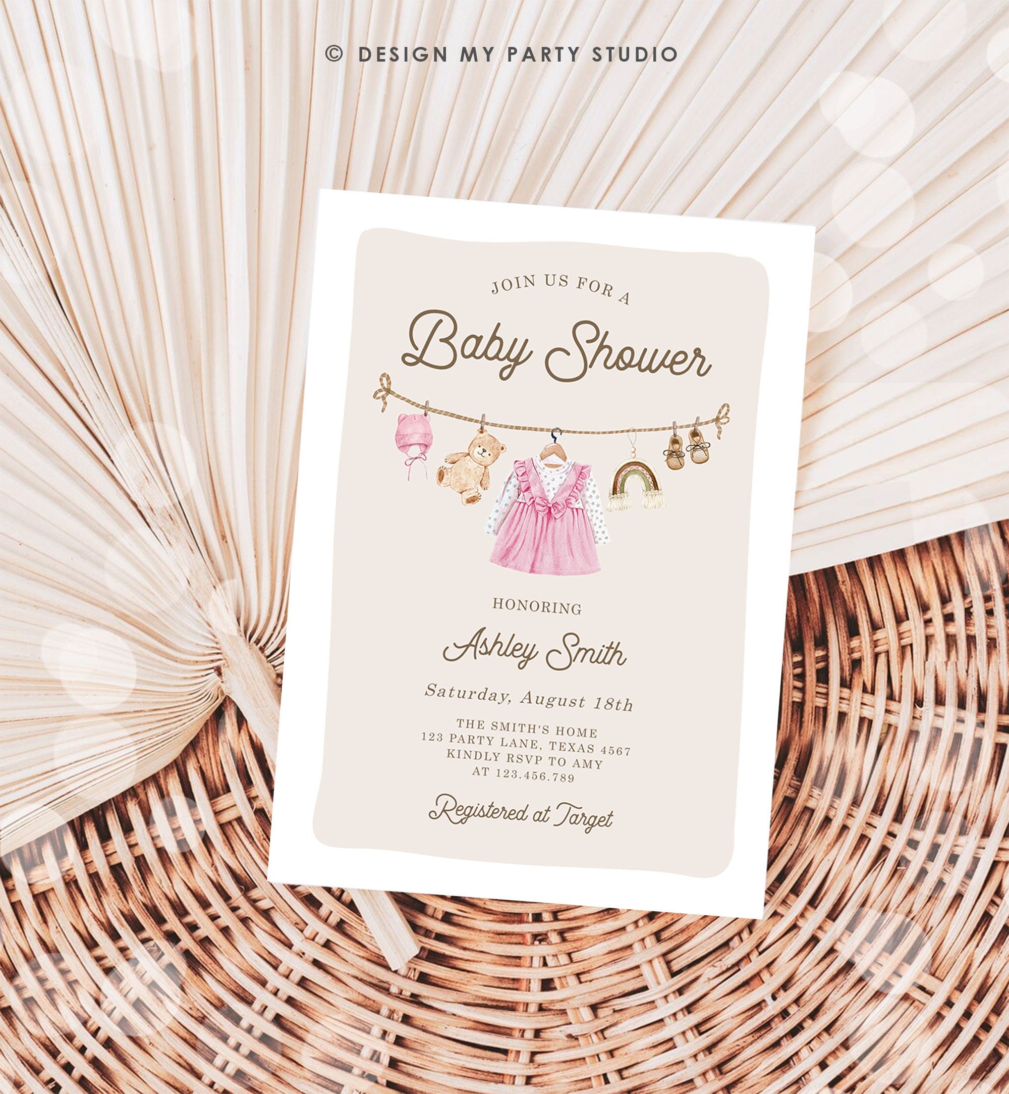 Editable Baby Clothes Baby Shower Invitation Watercolor Girl Clothesline Boho Bohemian Eucalyptus Floral Pink Evite Template Printable 0508