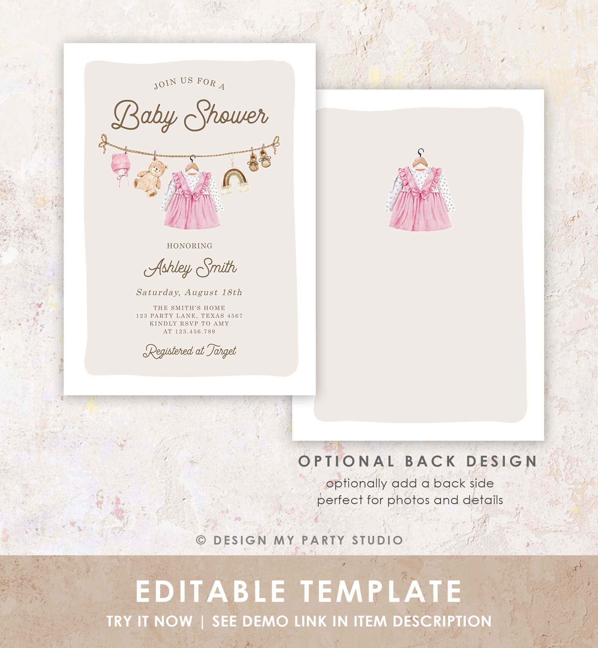 Editable Baby Clothes Baby Shower Invitation Watercolor Girl Clothesline Boho Bohemian Eucalyptus Floral Pink Evite Template Printable 0508