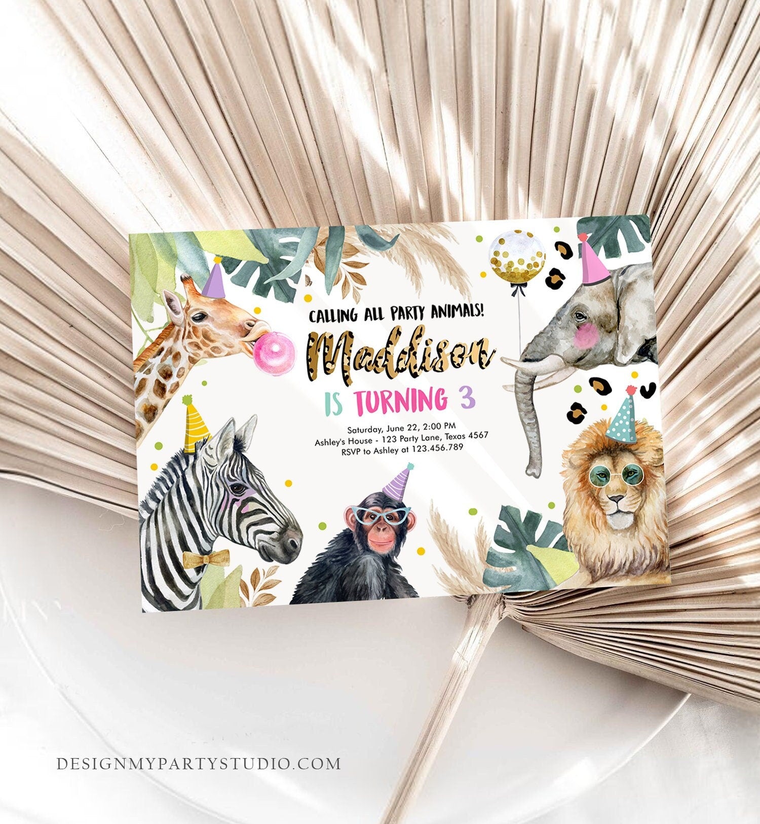 Editable Party Animals Birthday Invitation Leopard Print Safari Animals Zoo Birthday Party Girl Pink Download Printable Template Corjl 0417