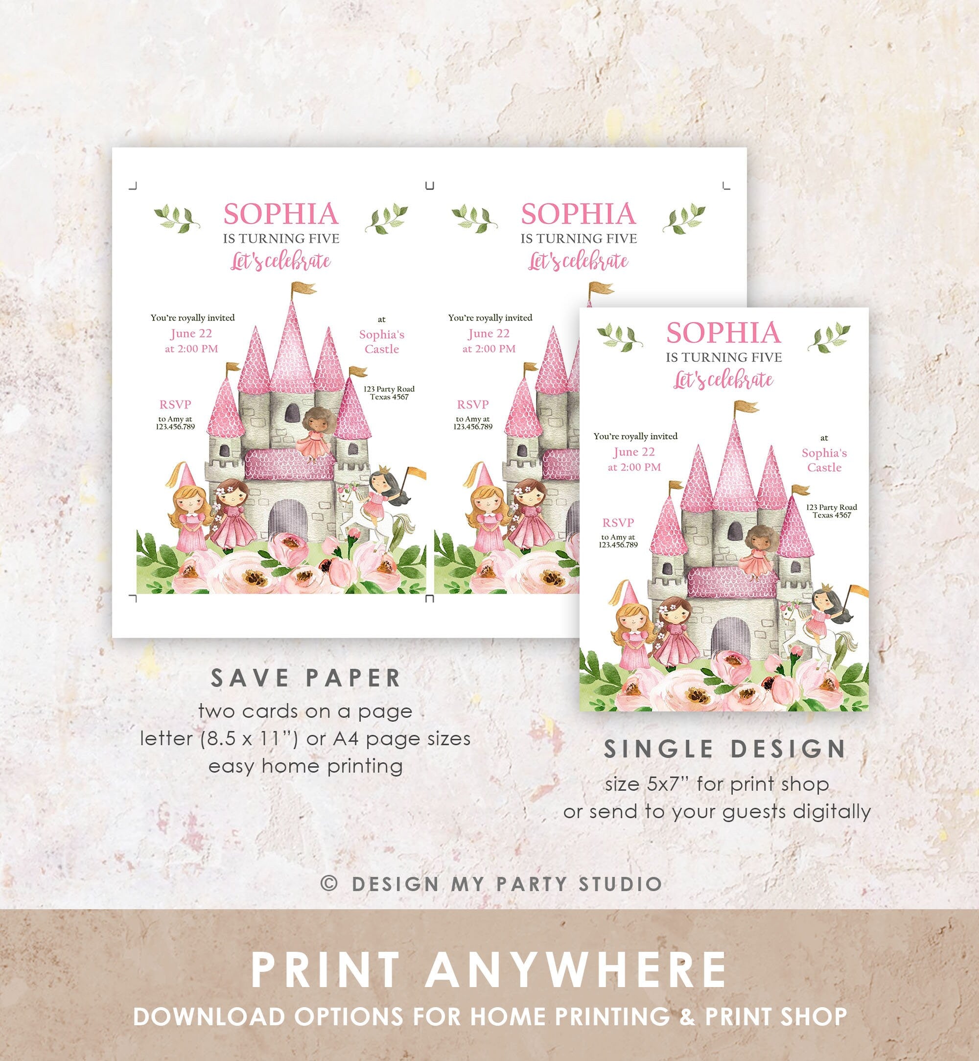 Editable ANY AGE Princess Birthday invitation Once Upon a Time Royal Birthday Pink Girl Gold Floral Download Evite Template Printable 0171