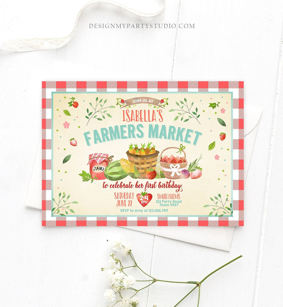 Editable Farmers Market Birthday Invitation Strawberry Farm Party Fruits Market Home Grown Digital Download Evite Template Printable 0144