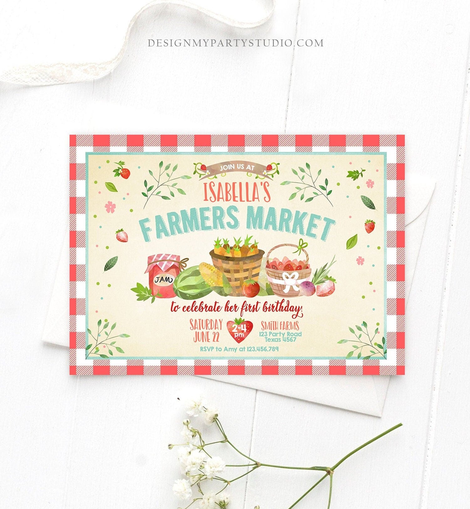 Editable Farmers Market Birthday Invitation Strawberry Farm Party Fruits Market Home Grown Digital Download Evite Template Printable 0144