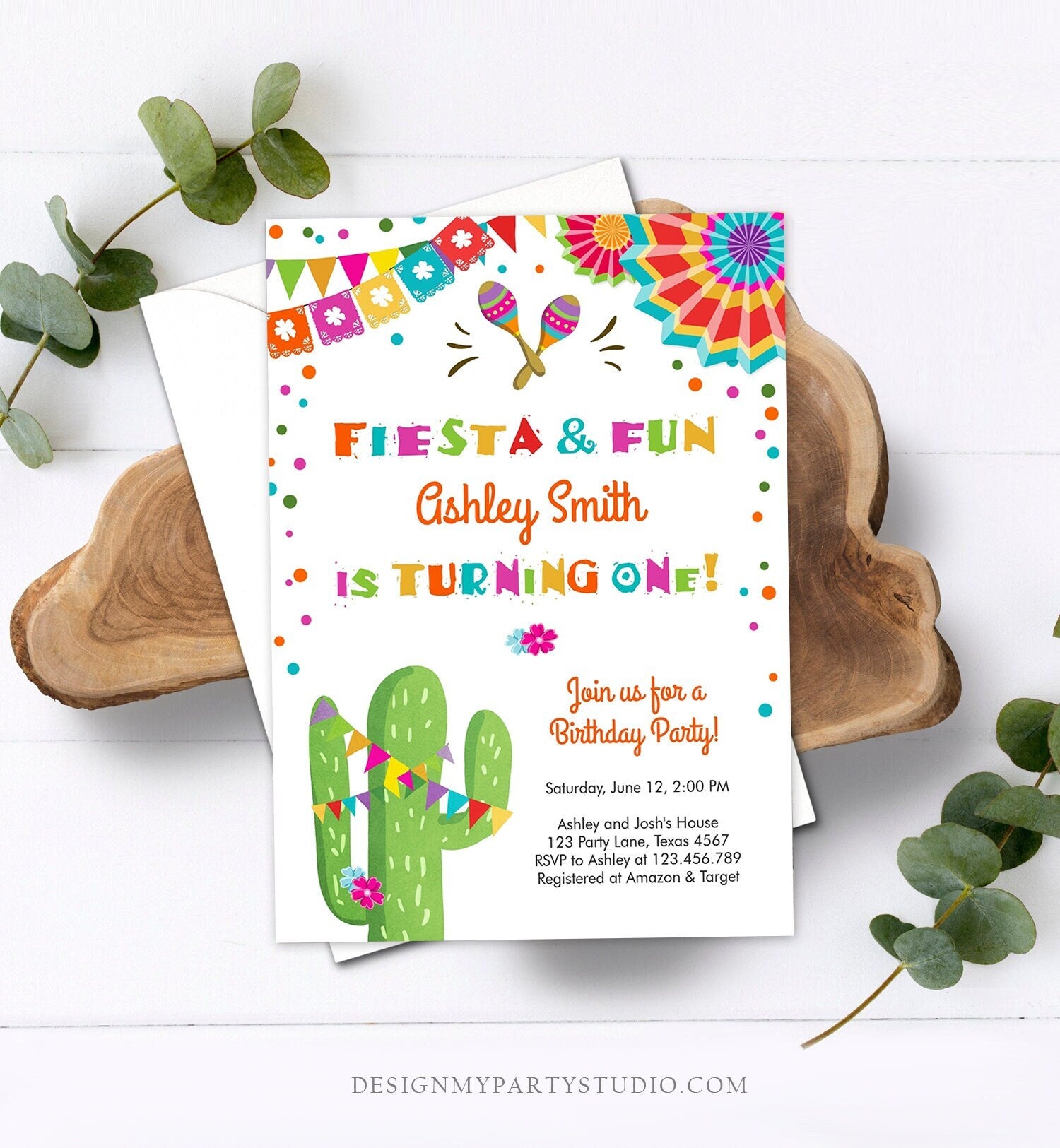 Editable Fiesta and Fun First Birthday Invitation ANY AGE Cactus Mexican 1st Birthday Party Girl Boy Colorful Evite Template Printable 0045