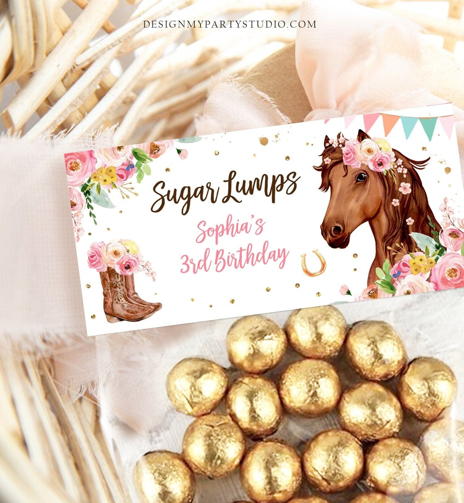 Editable Horse Treat Bag Toppers Horse Birthday Favors Girl Horse Party Favor Tags Cowgirl Pink Floral Digital Template Printable 0408