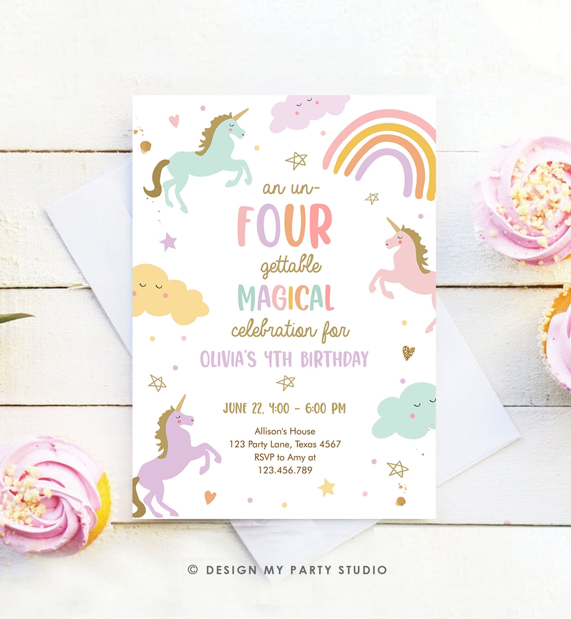 Editable Unicorn 4th Birthday Invitation Un Four Gettable Party Invite Girl Pastel Fourth Birthday Template Rainbow Download Corjl 0426