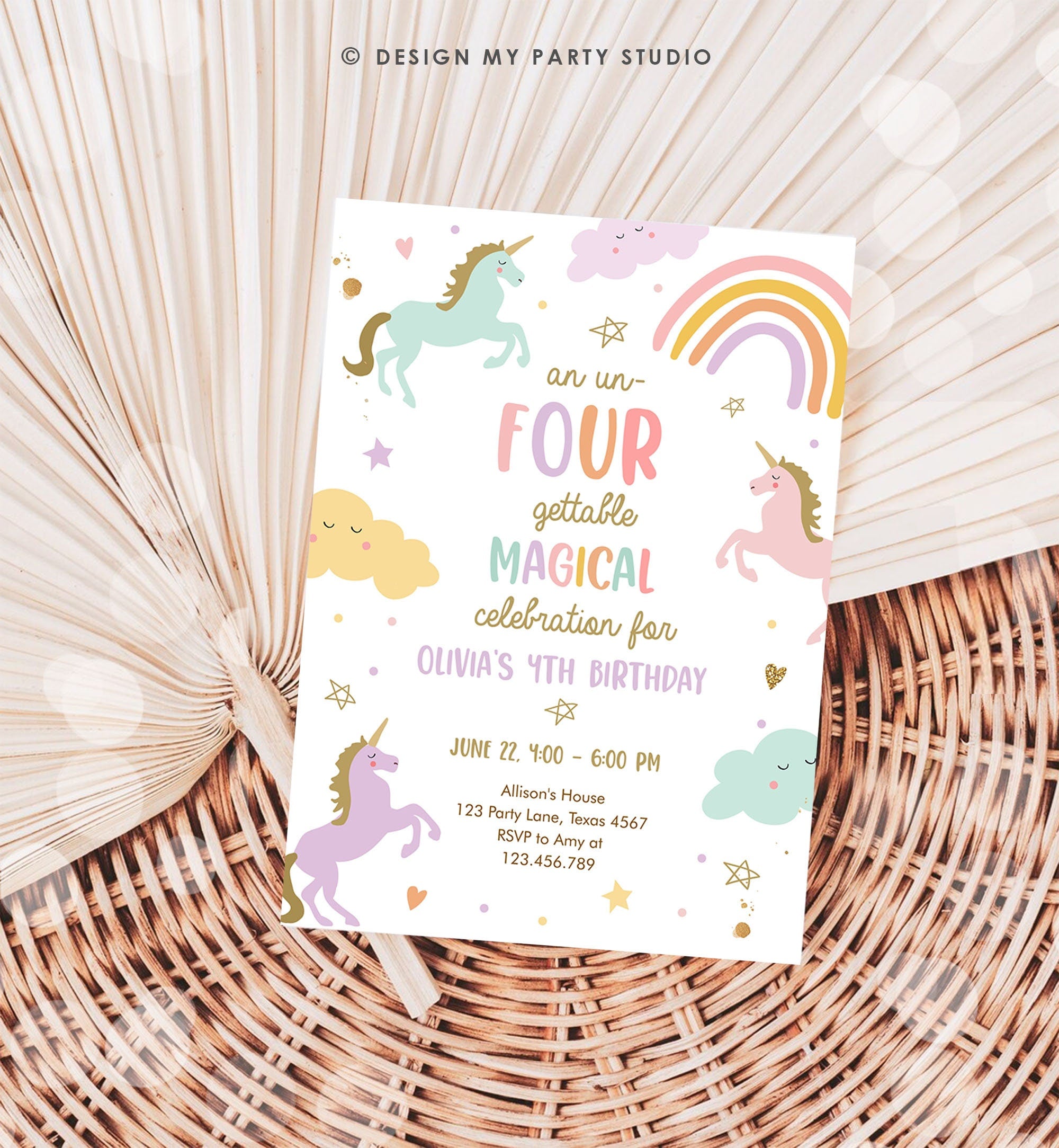 Editable Unicorn 4th Birthday Invitation Un Four Gettable Party Invite Girl Pastel Fourth Birthday Template Rainbow Download Corjl 0426