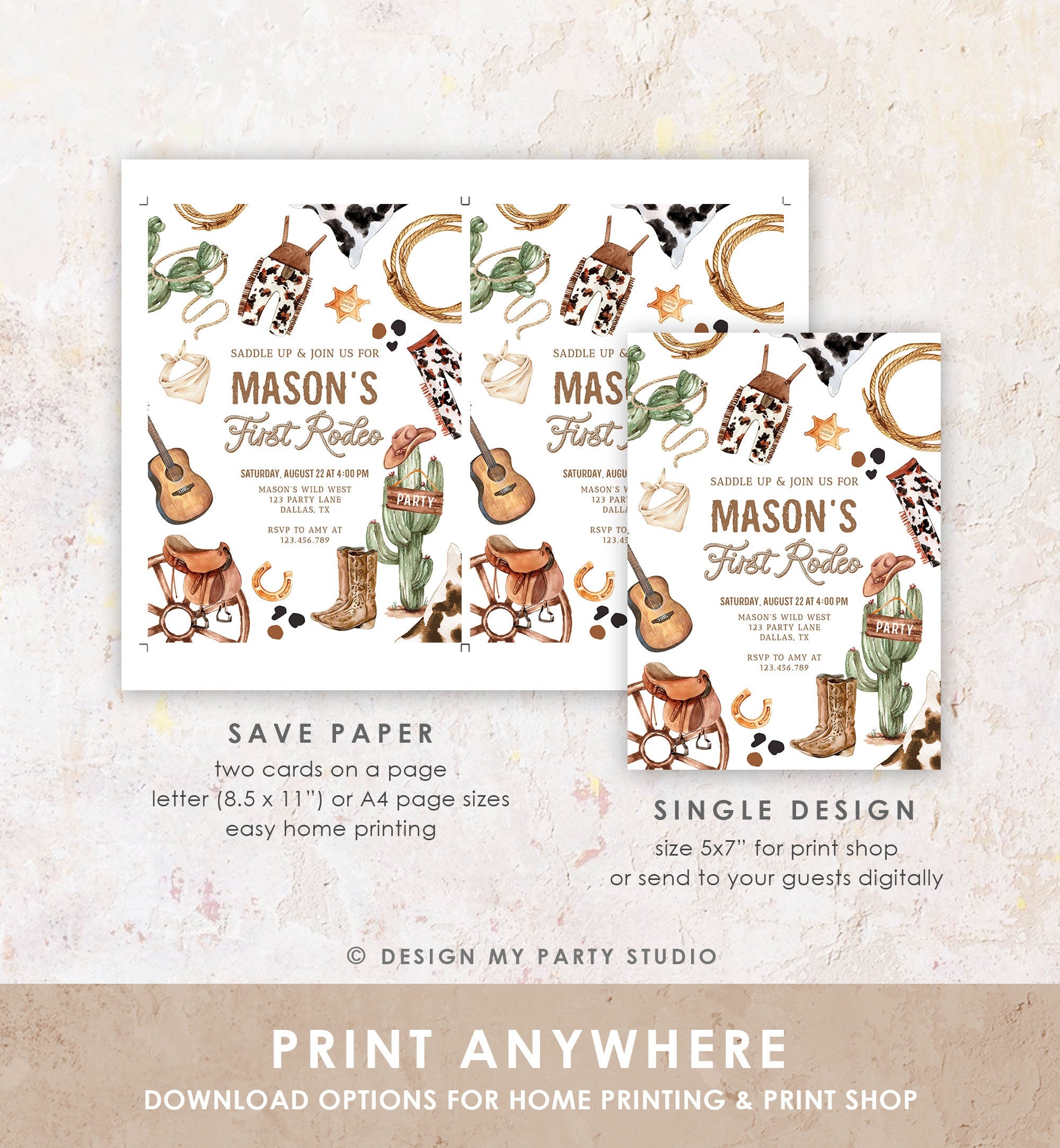 Editable First Rodeo Birthday Party Invitation Cowboy 1st Birthday Boy Wild West Birthday Western Download Evite Template Printable 0509