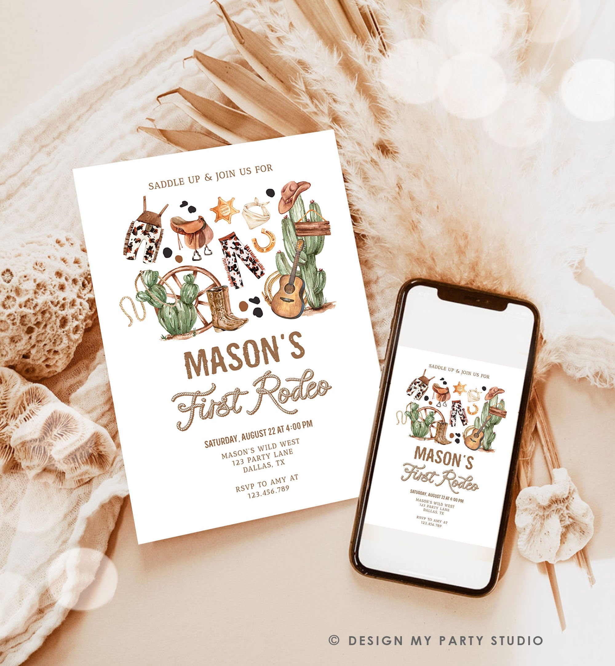 Editable First Rodeo Birthday Party Invitation Cowboy 1st Birthday Boy Wild West Birthday Western Download Evite Template Printable 0509