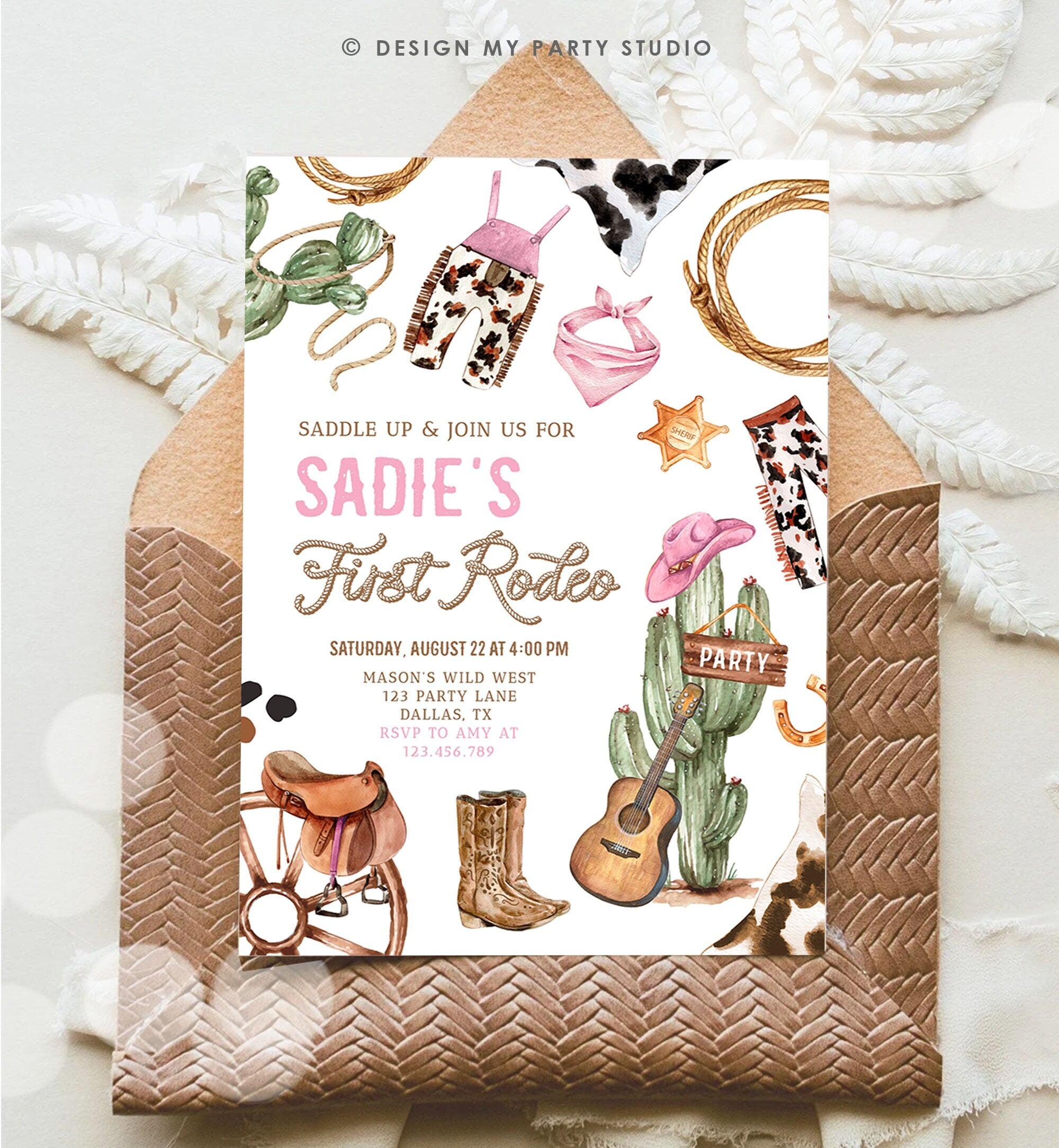 Editable Cowgirl Birthday Party Invitation First Rodeo 1st Birthday Girl Wild West Birthday Western Download Printable Template Corjl 0509