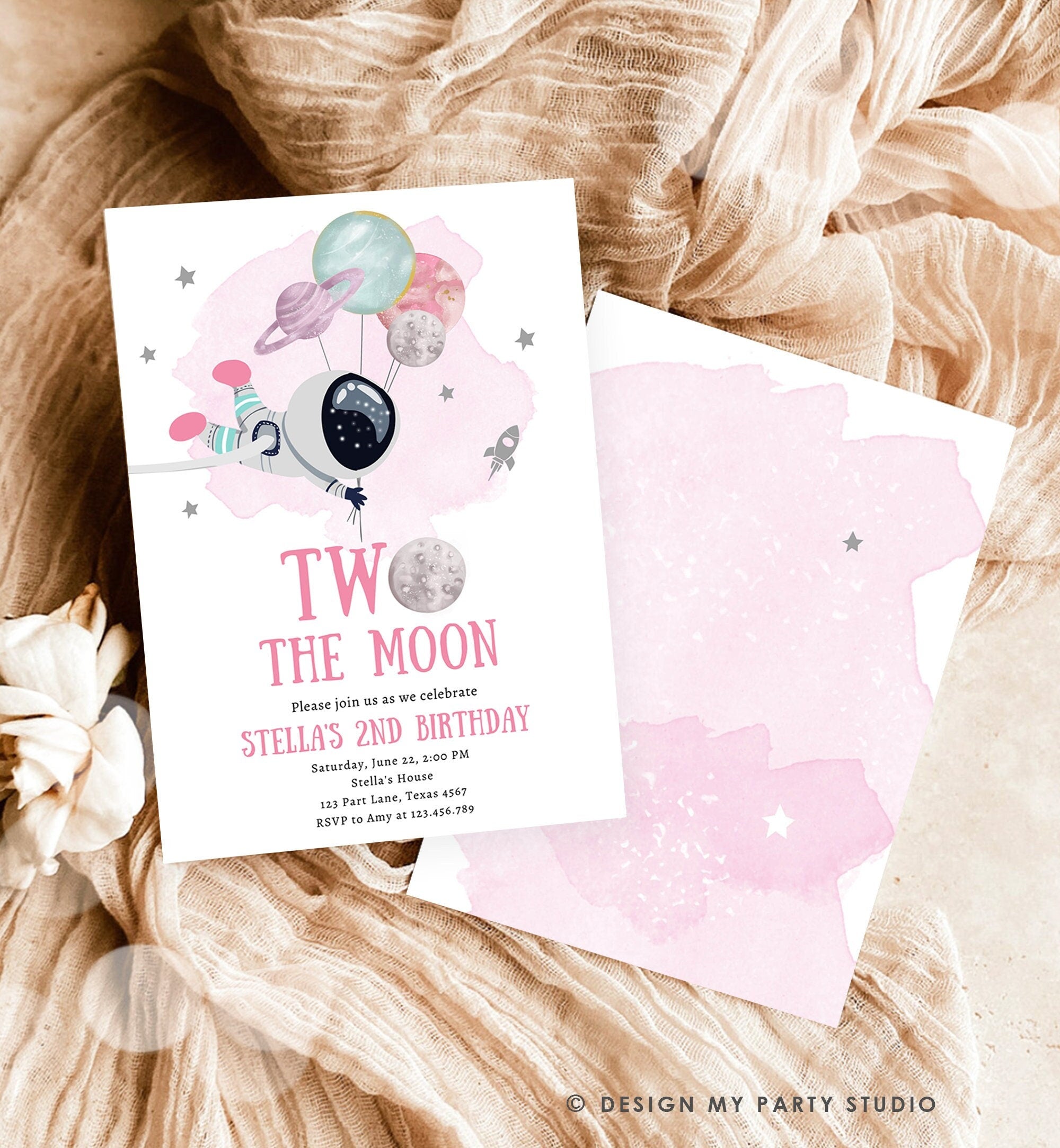 Editable Two the Moon Outer Space Birthday Invitation Out of this World Astronaut Pink Silver Girl Second 2nd Evite Template Printable 0366