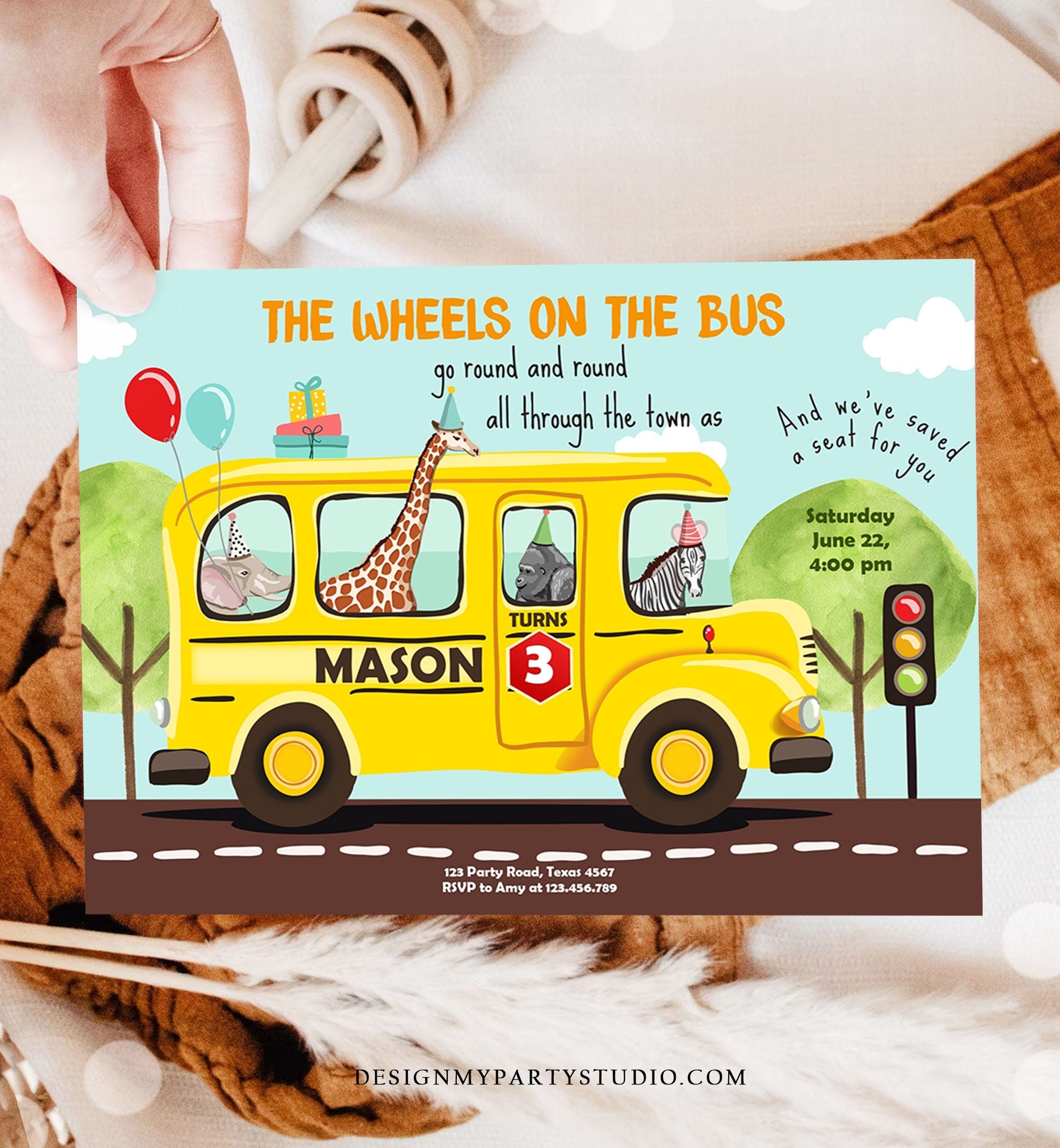 Editable Wheels on the Bus Birthday Invitation Bus Party Invite School Bus Animals Boy Girl Download Printable Template Digital Corjl 0325