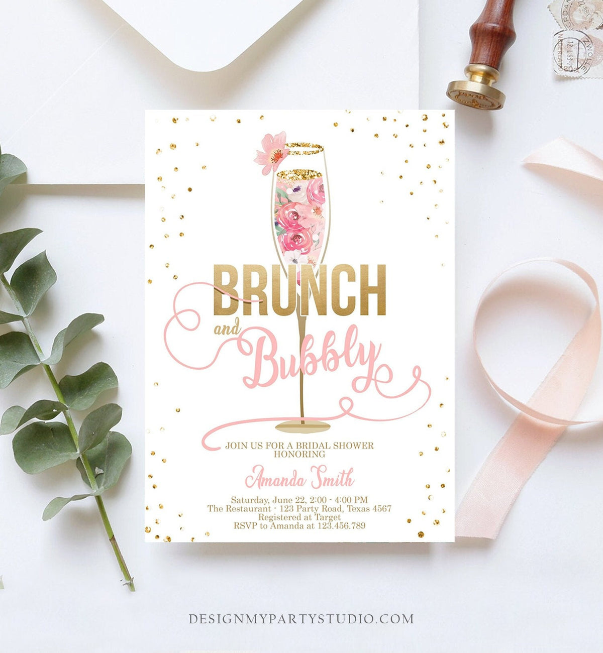 Editable Brunch and Bubbly Bridal Shower Invitation Floral Champagne Gold Pink Wedding Digital Download Corjl Template Printable 0150