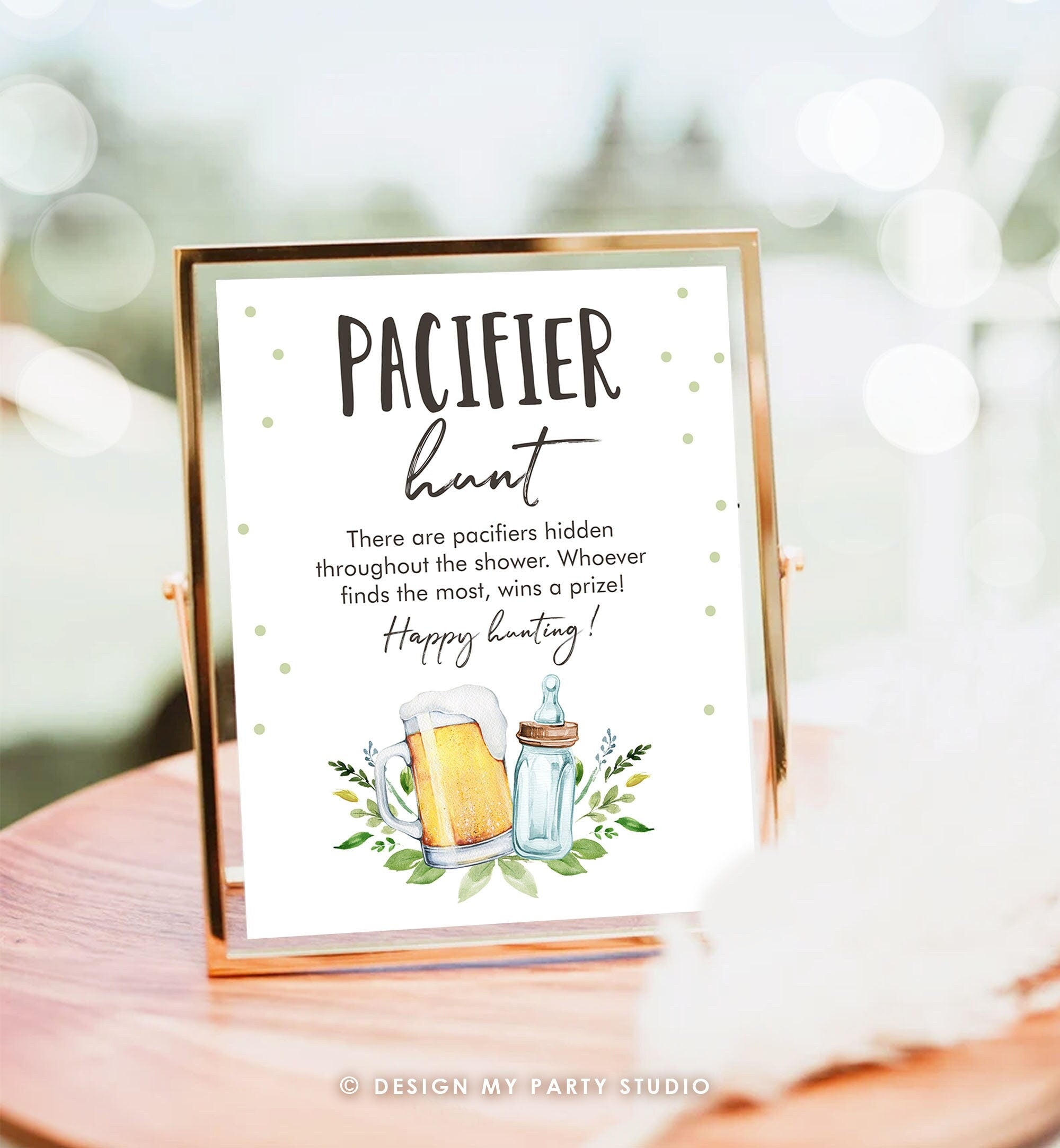 Pacifier Hunt Sign Table Decor Baby is Brewing Sign Bottles and Beers Greenery Baby Shower Game Pacifier Game Gender Neutral PRINTABLE 0190