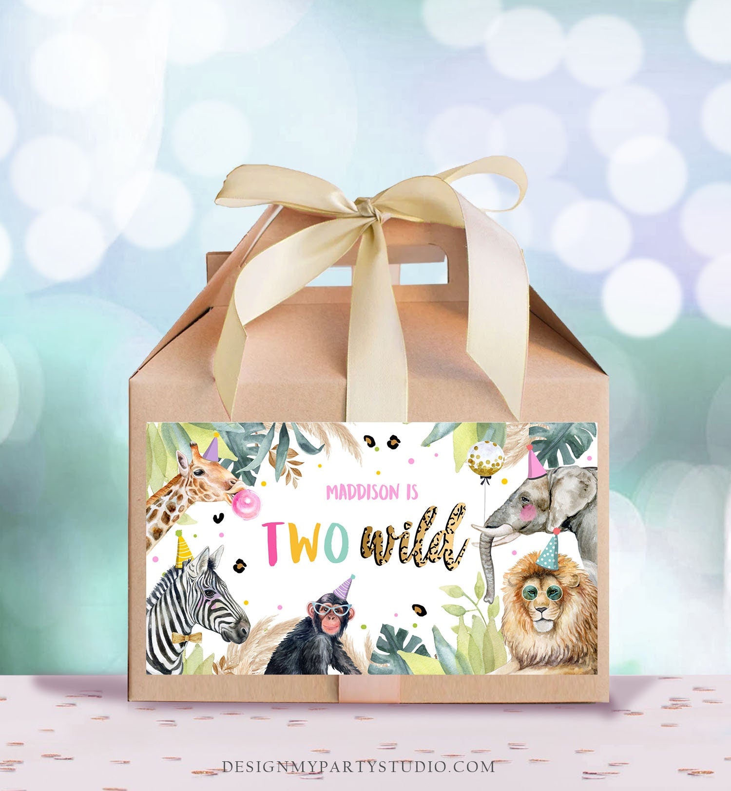 Editable Safari Animals Birthday Gable Gift Box Labels Party Animals Gold Pink Two Wild Birthday Zoo Jungle Girl Download Digital Corjl 0417