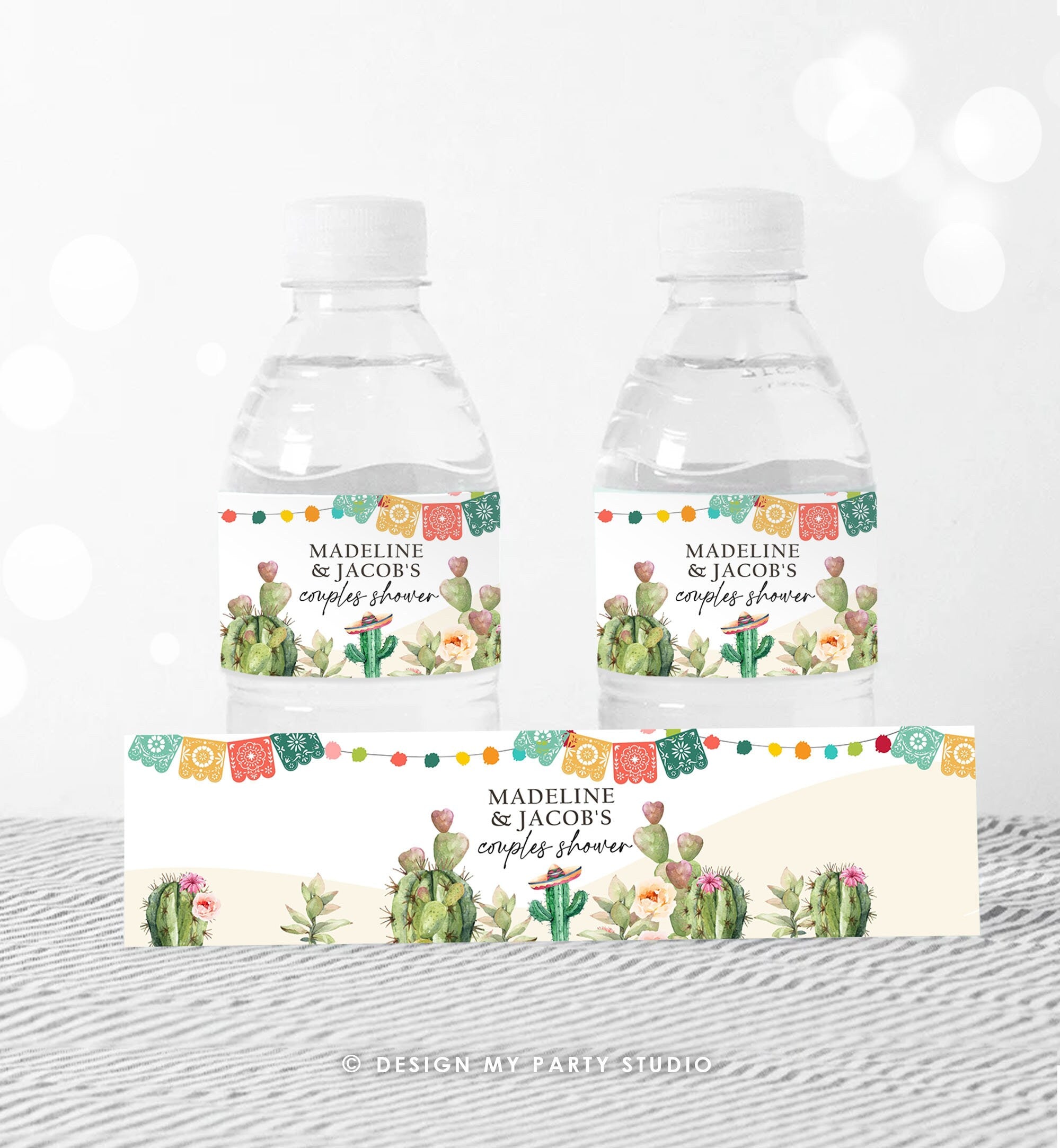 Editable Fiesta Water Bottle Labels Fiesta Couples Shower Taco Bout Love Cactus Mexican Desert Succulent Digital Template Printable 0404