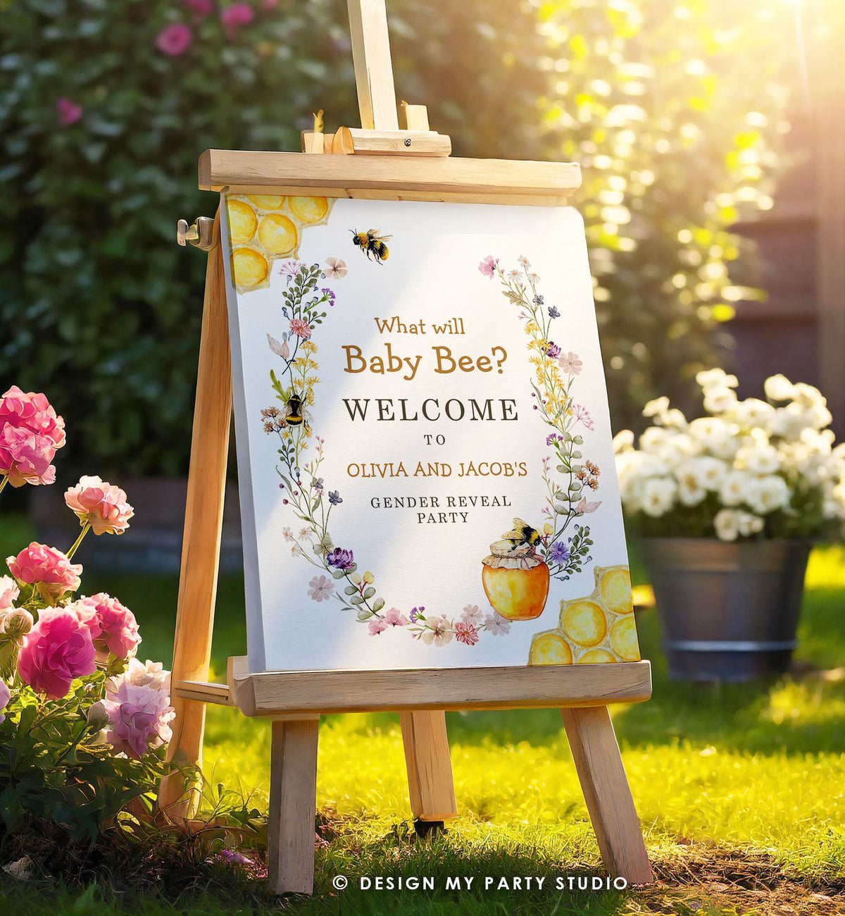 Editable Bee Welcome Sign What Will Baby Bee Gender Reveal Welcome Honey Baby Shower Mama to Bee Yard Sign Template PRINTABLE Corjl 0502