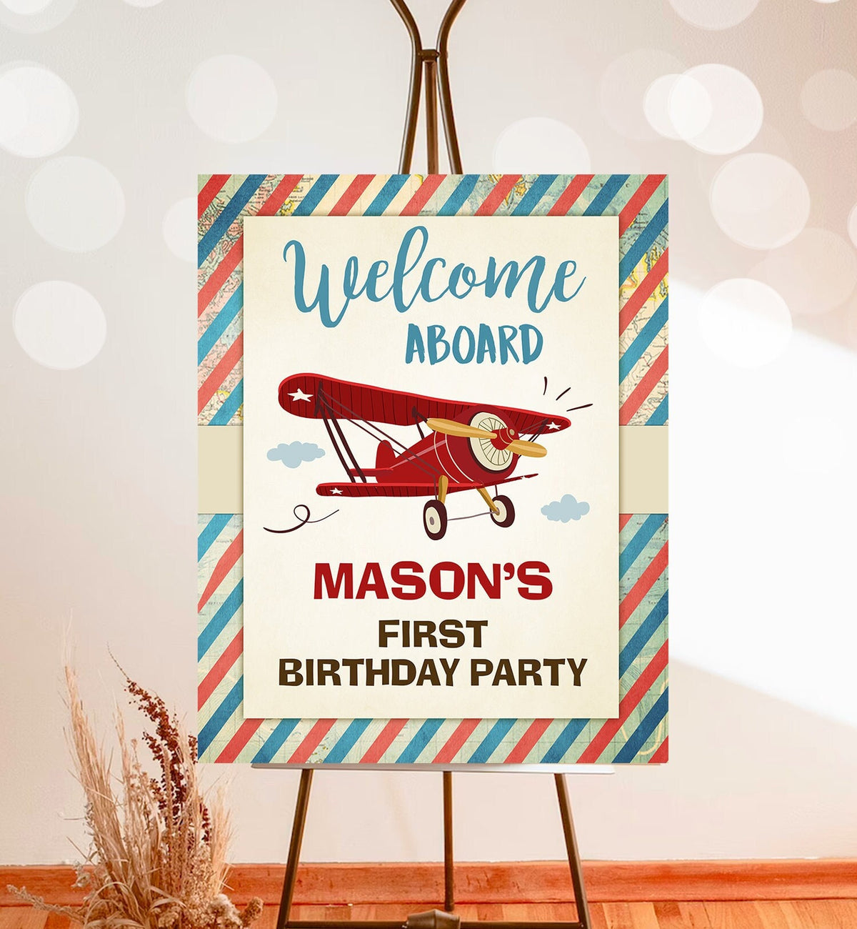 Editable Airplane Welcome Sign Airplane Birthday Boy First 1st Oh How Time Flies Party Decor Airplane Red Digital Template Printable 0011