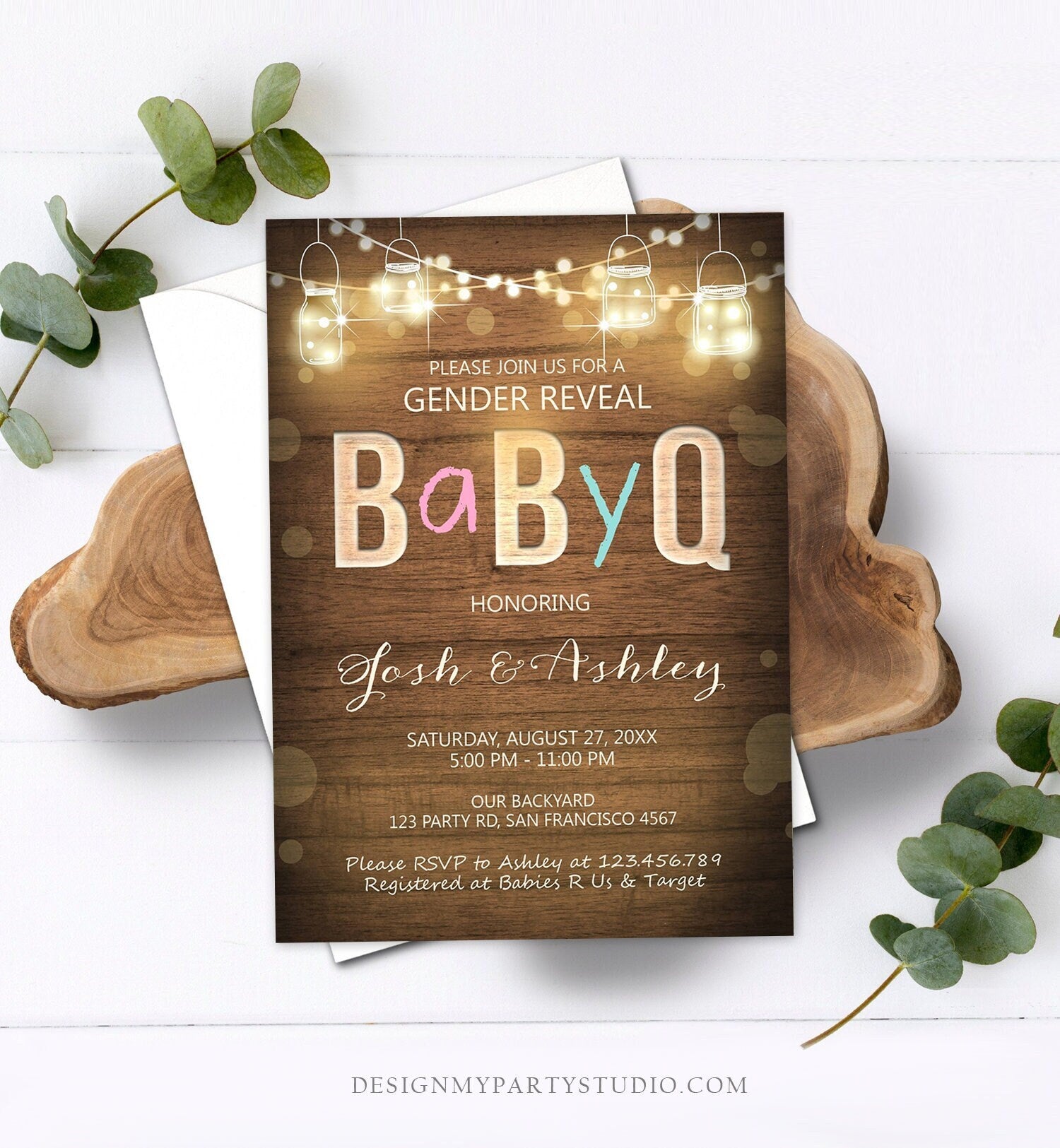 Editable Baby Q Gender Reveal Invitation Boy or Girl He or She Blue or Pink Rustic Wood Digital Download Evite Template Printable 0015