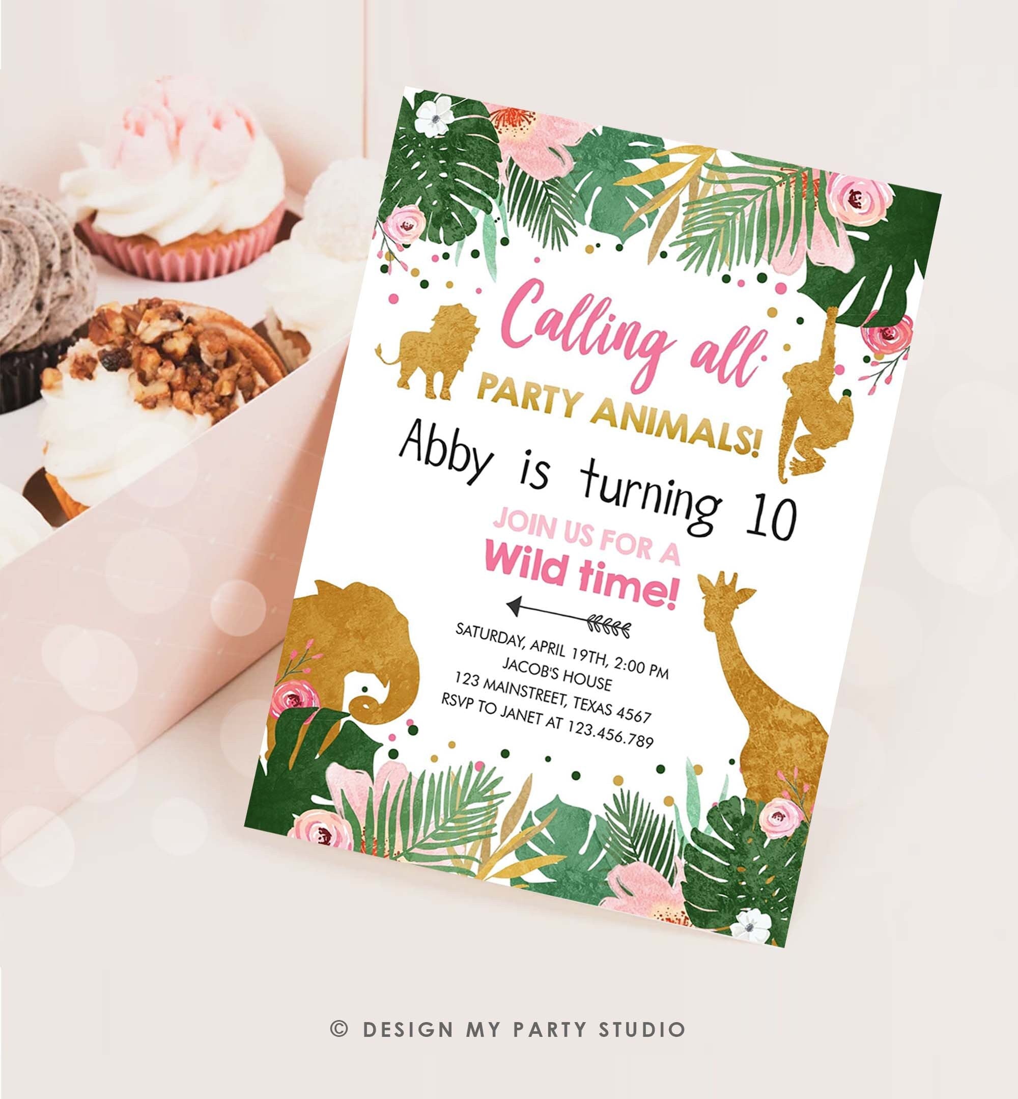 Editable Safari Animals Birthday Invitation Calling All Party Animals Girl Party Zoo Pink Gold Digital Download Template Printable 0016