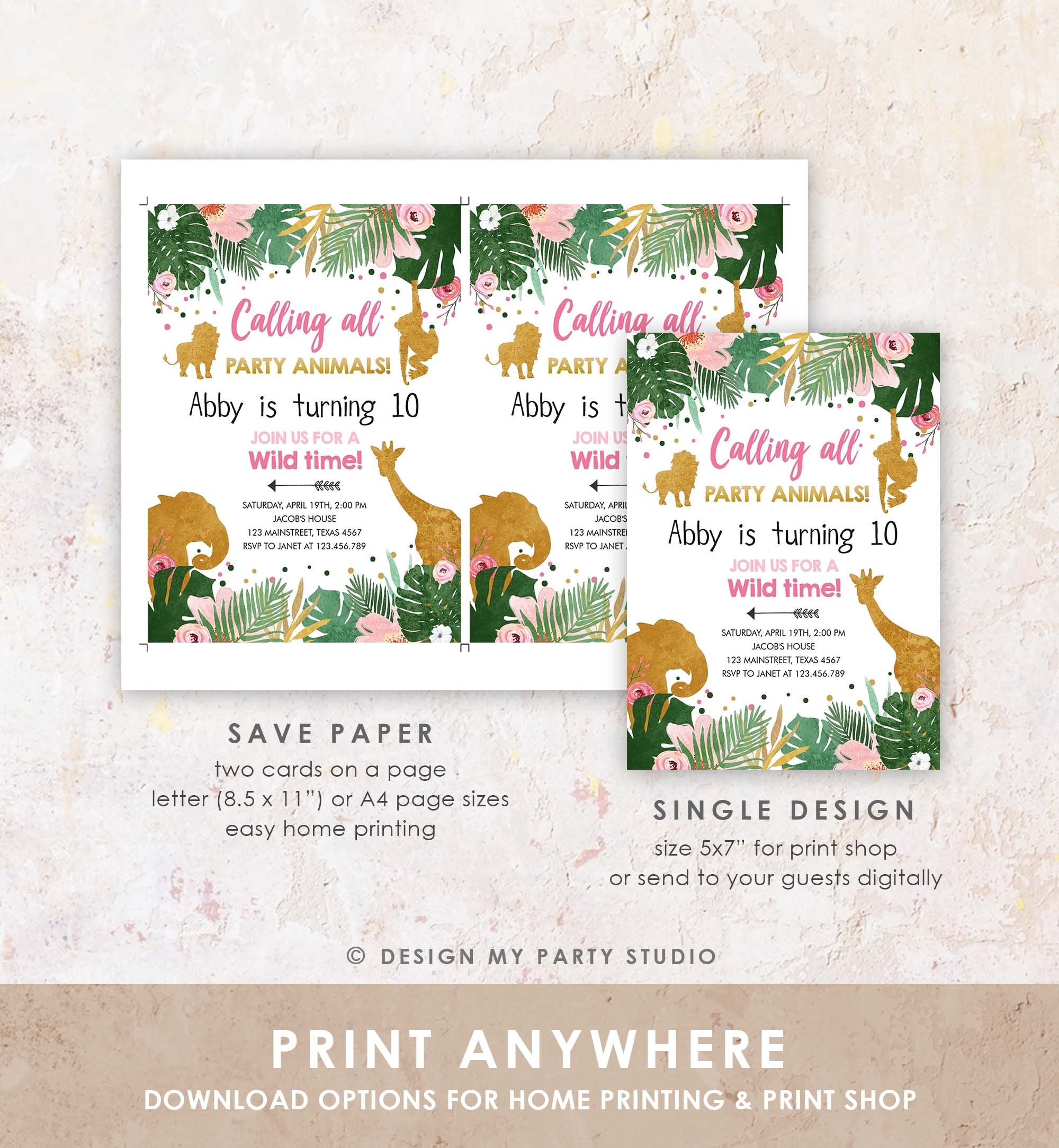 Editable Safari Animals Birthday Invitation Calling All Party Animals Girl Party Zoo Pink Gold Digital Download Template Printable 0016