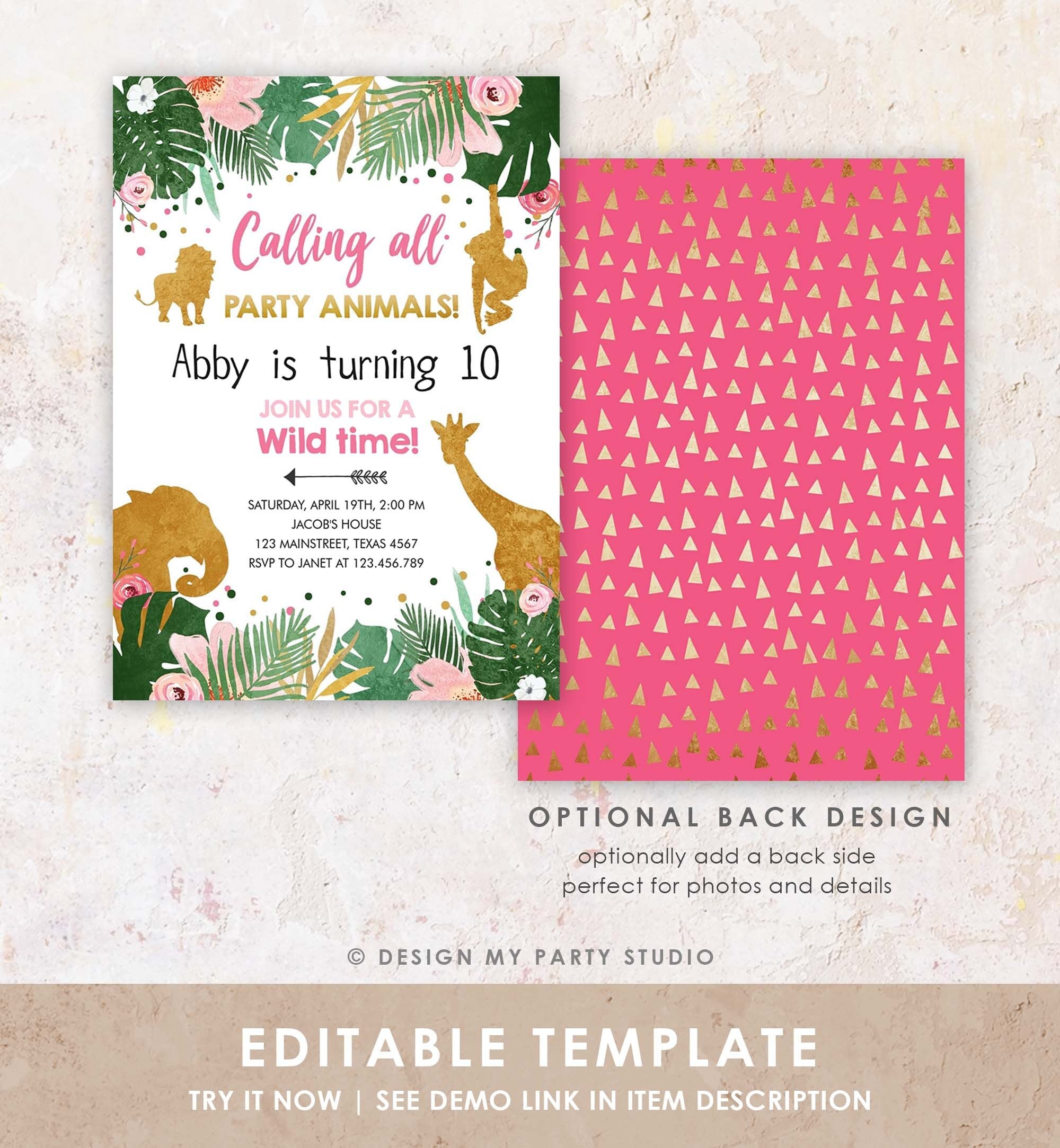 Editable Safari Animals Birthday Invitation Calling All Party Animals Girl Party Zoo Pink Gold Digital Download Template Printable 0016