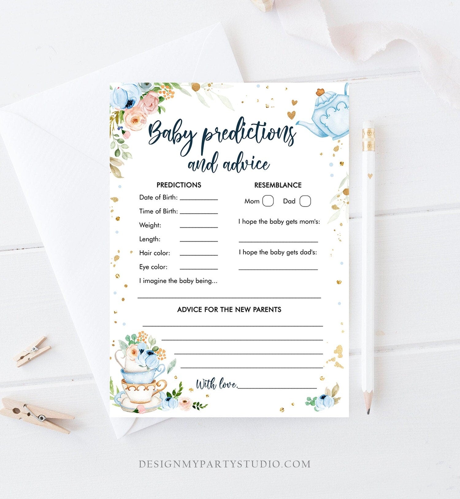 Editable Baby Predictions Baby Shower Game Advice for Parents Tea Party Baby is Brewing Game Shower Activity Corjl Template Printable 0349