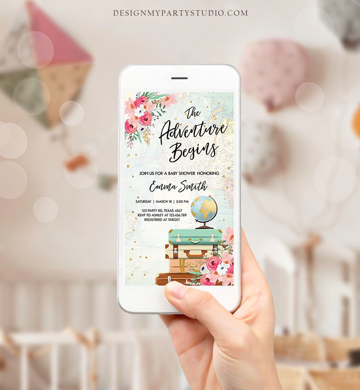 Editable The Adventure Begins Baby Shower Evite Pink Floral Gold Confetti Suitcases Travel Around World Phone Invitation Corjl Template 0030