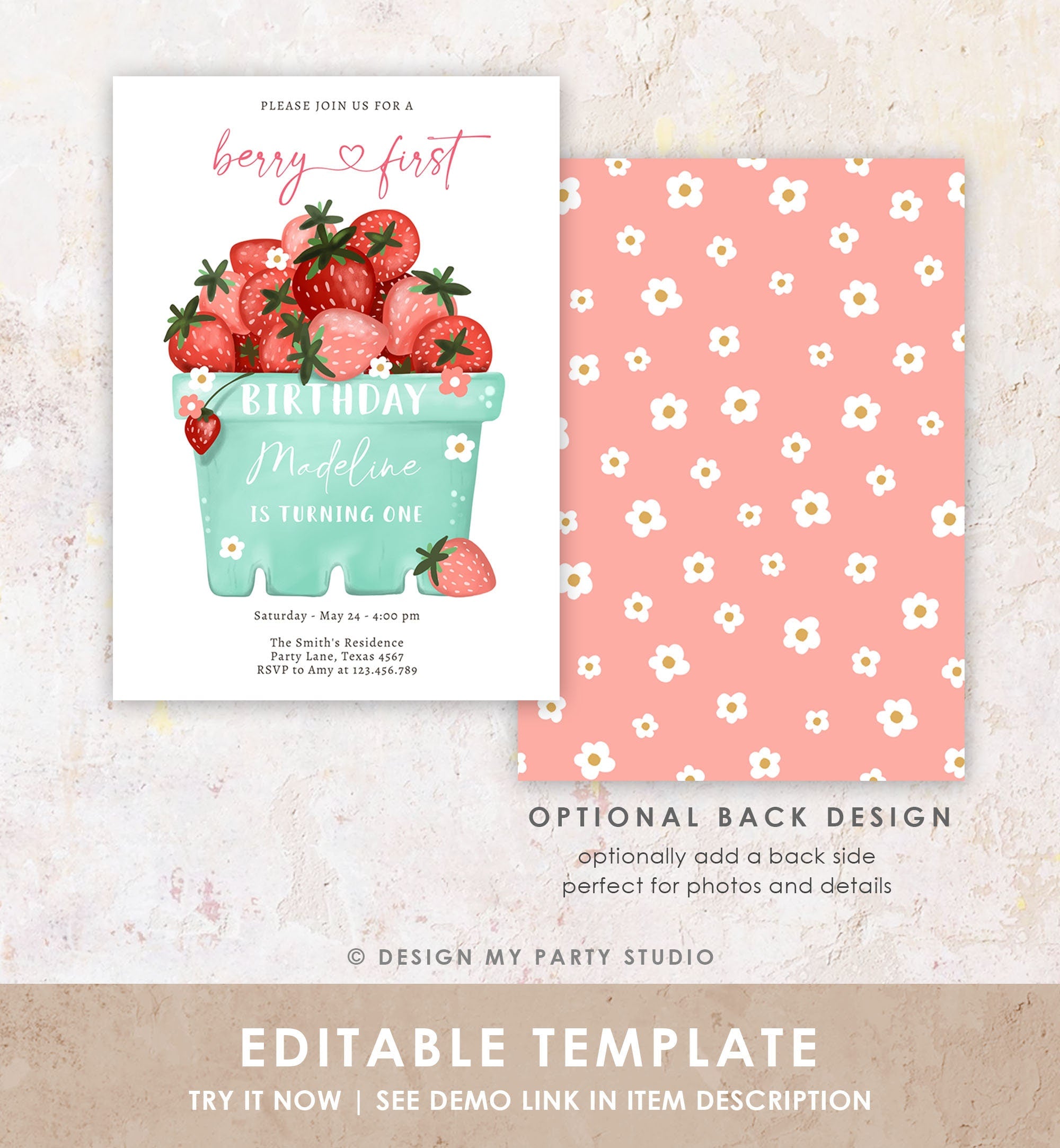 Editable Strawberry Birthday Invitation First Birthday Berry Sweet Girl Cute Strawberries 1st Download Printable Template Corjl Digital 0506