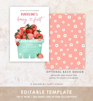 Editable Strawberry Birthday Invitation Berry First Birthday Berry Sweet Girl Strawberries 1 Download Printable Template Corjl Digital 0506