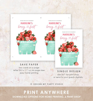 Editable Strawberry Birthday Invitation Berry First Birthday Berry Sweet Girl Strawberries 1 Download Printable Template Corjl Digital 0506