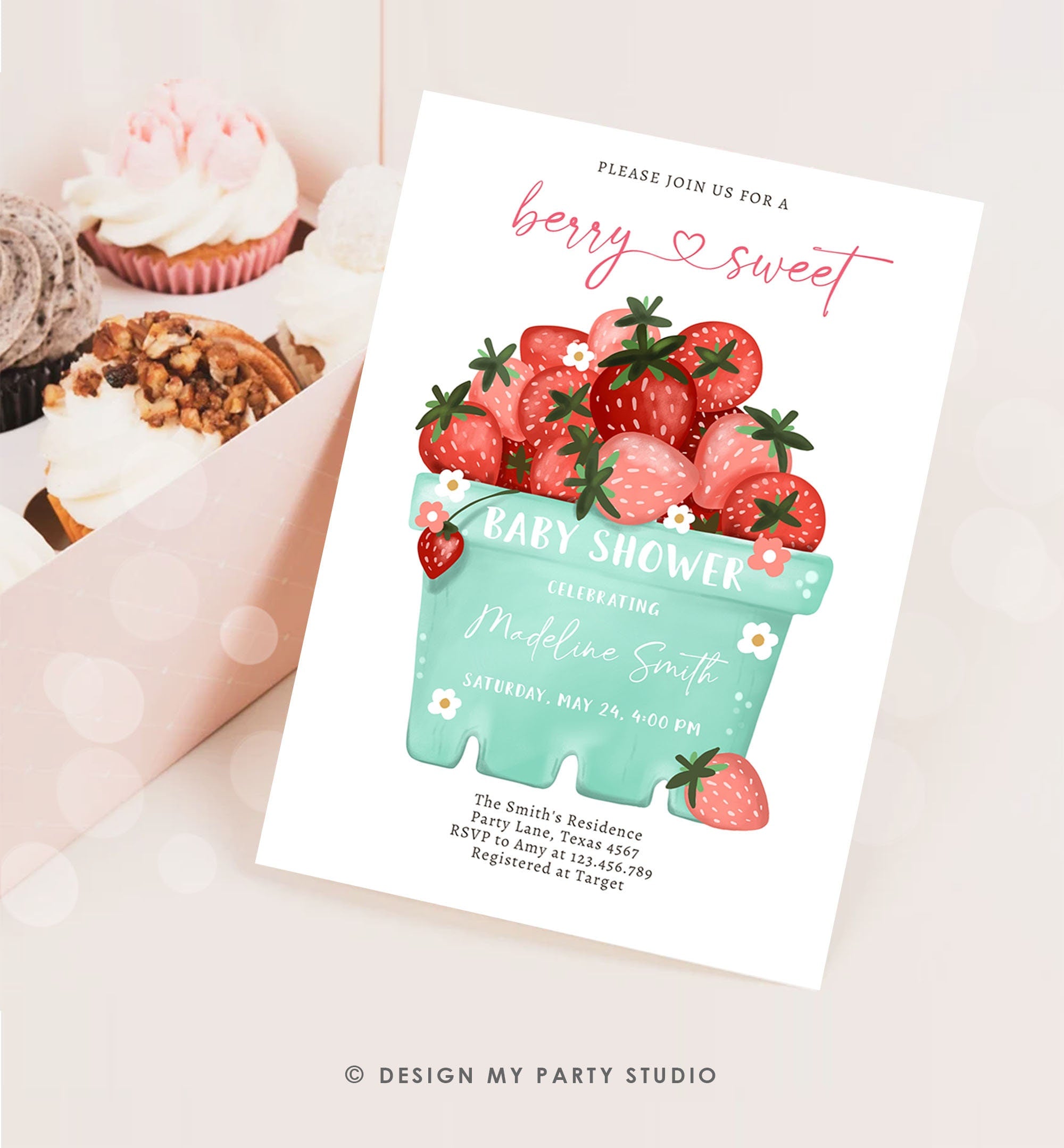 Editable Strawberry Baby Shower Invitation Cute Berry Sweet Baby Girl Strawberries Summer Download Printable Template Corjl Digital 0506